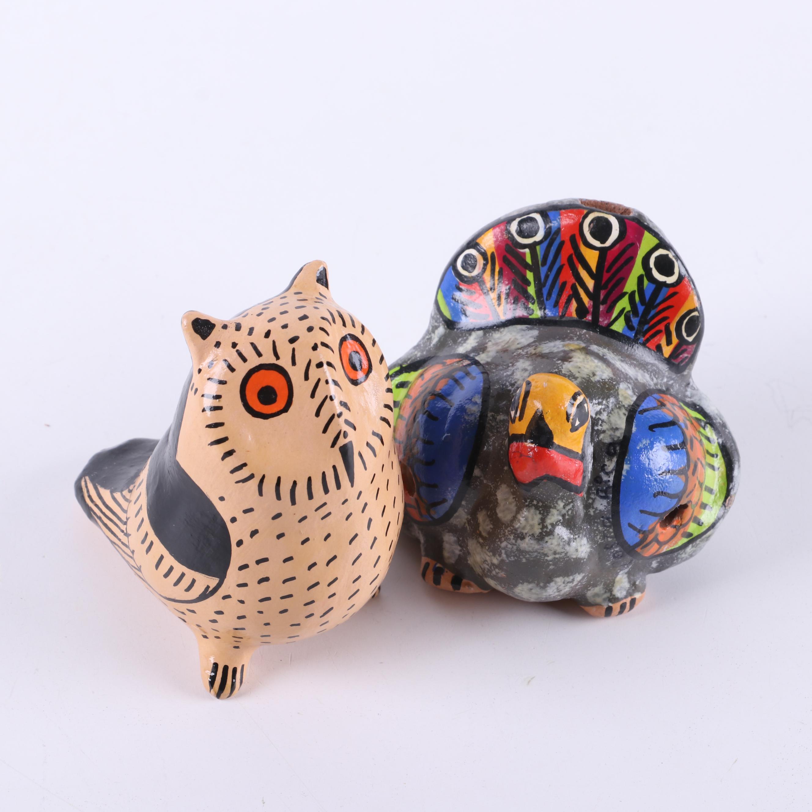 Dream Catcher with Paint Decorated Pottery Owl, Turkey and Bowl