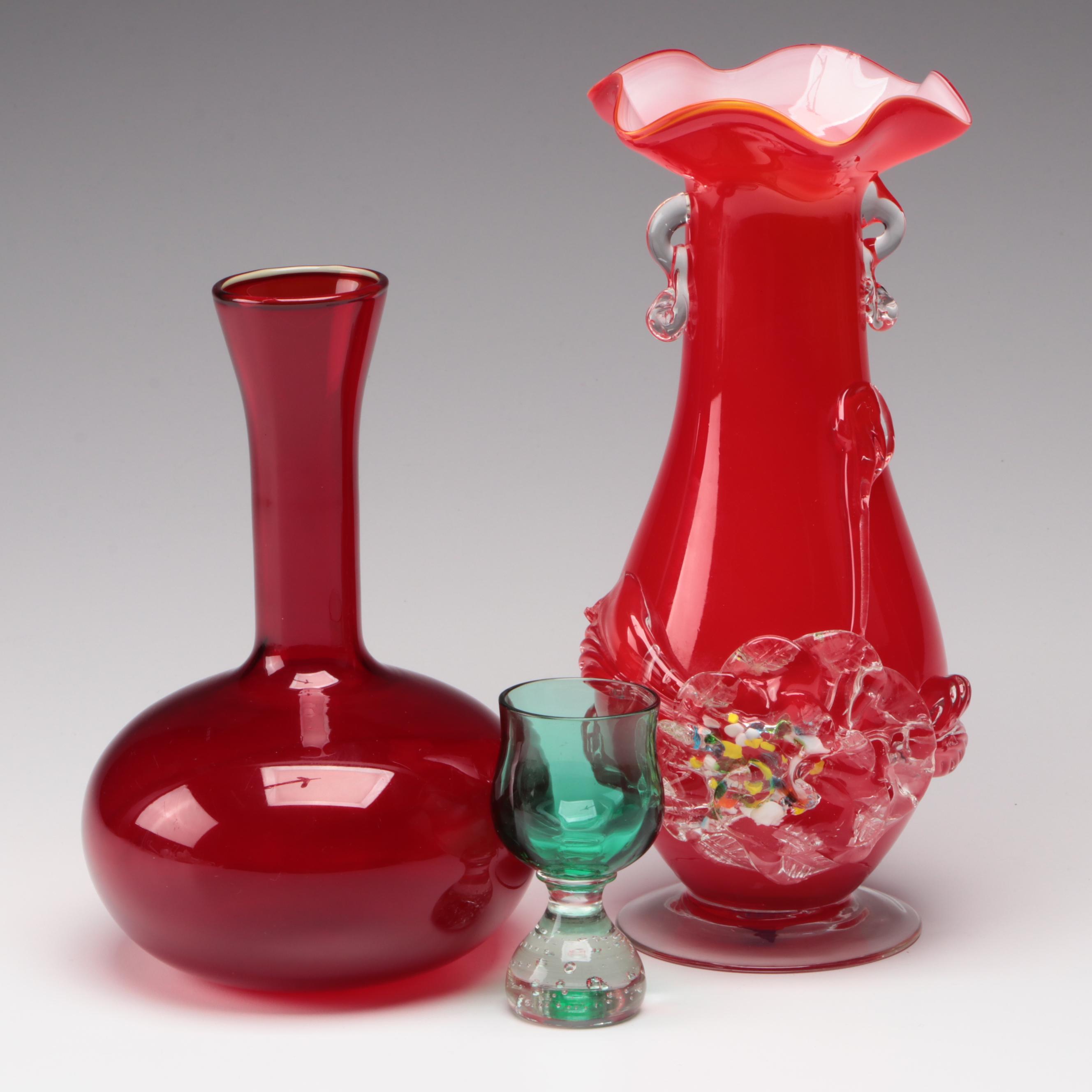 Cranberry Glass Vase with Applied Flower Accent and Other Glass Vase and Goblet