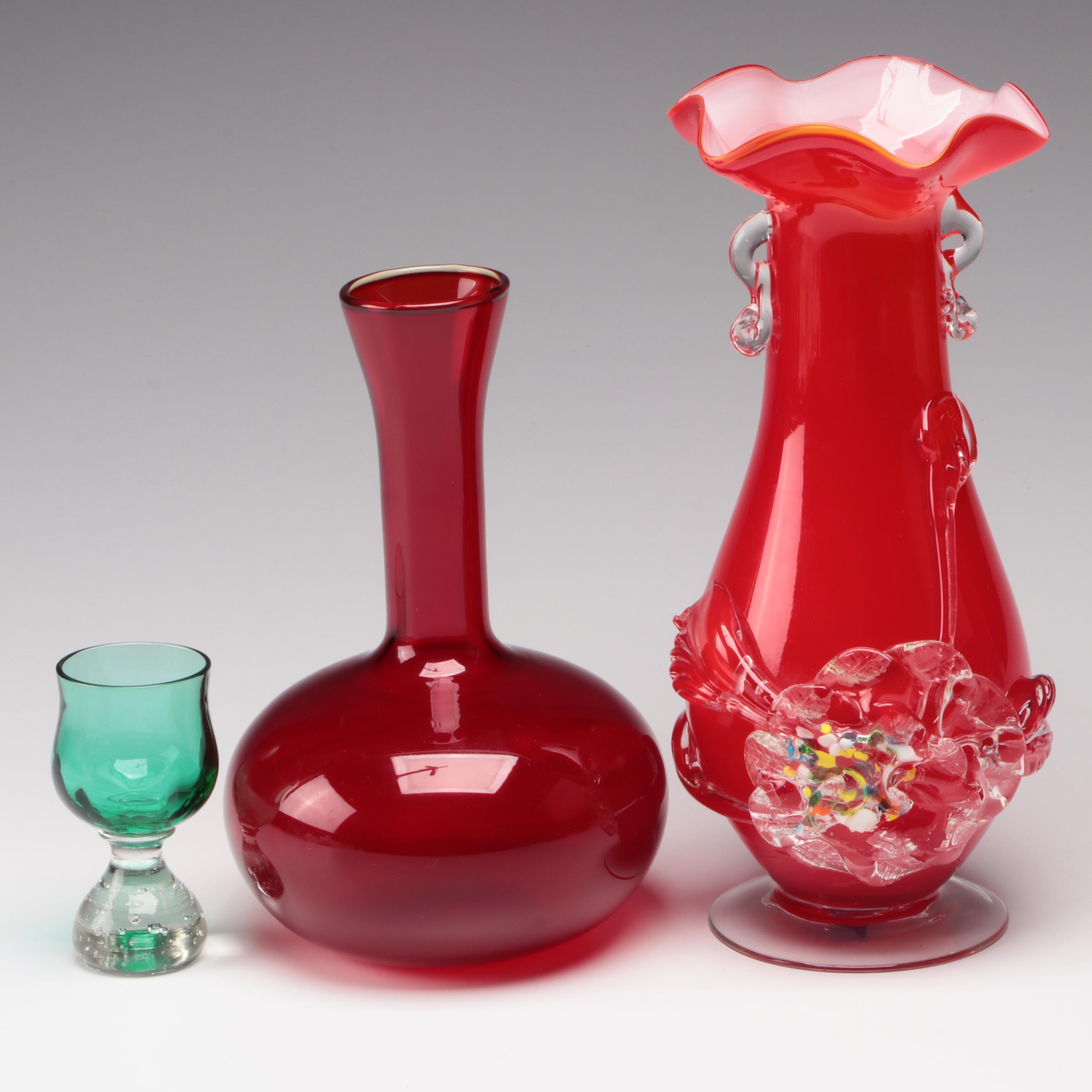 Cranberry Glass Vase with Applied Flower Accent and Other Glass Vase and Goblet