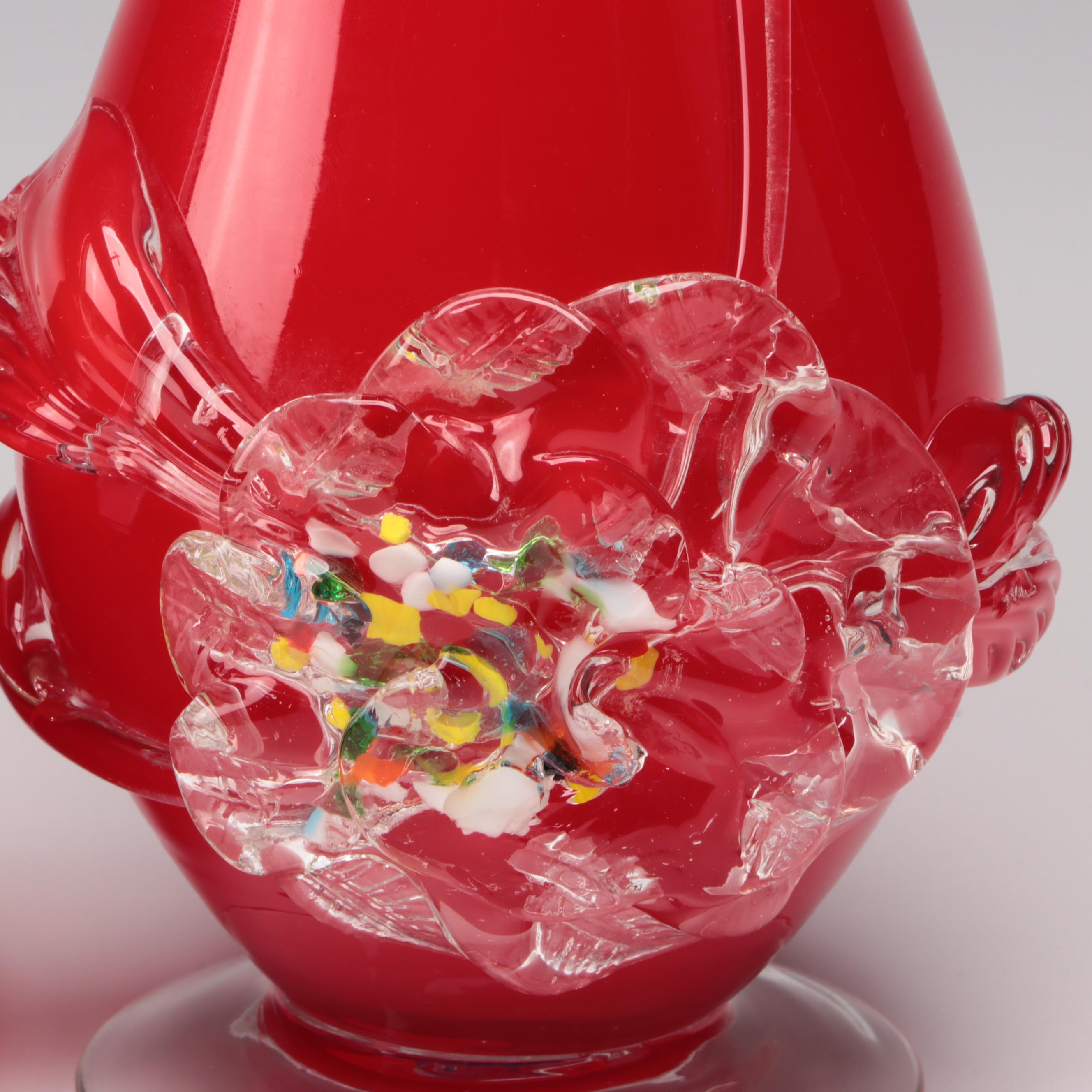 Cranberry Glass Vase with Applied Flower Accent and Other Glass Vase and Goblet