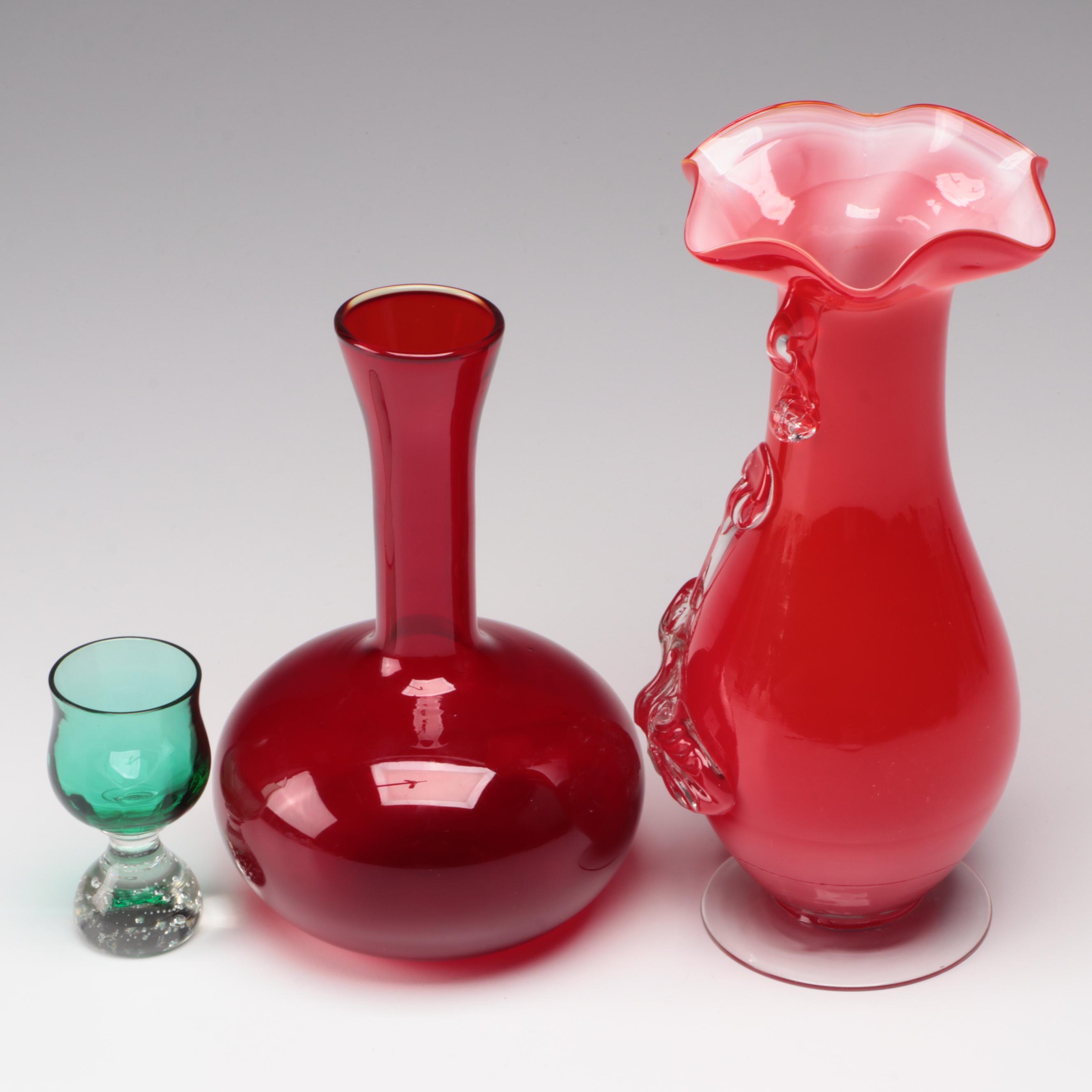 Cranberry Glass Vase with Applied Flower Accent and Other Glass Vase and Goblet