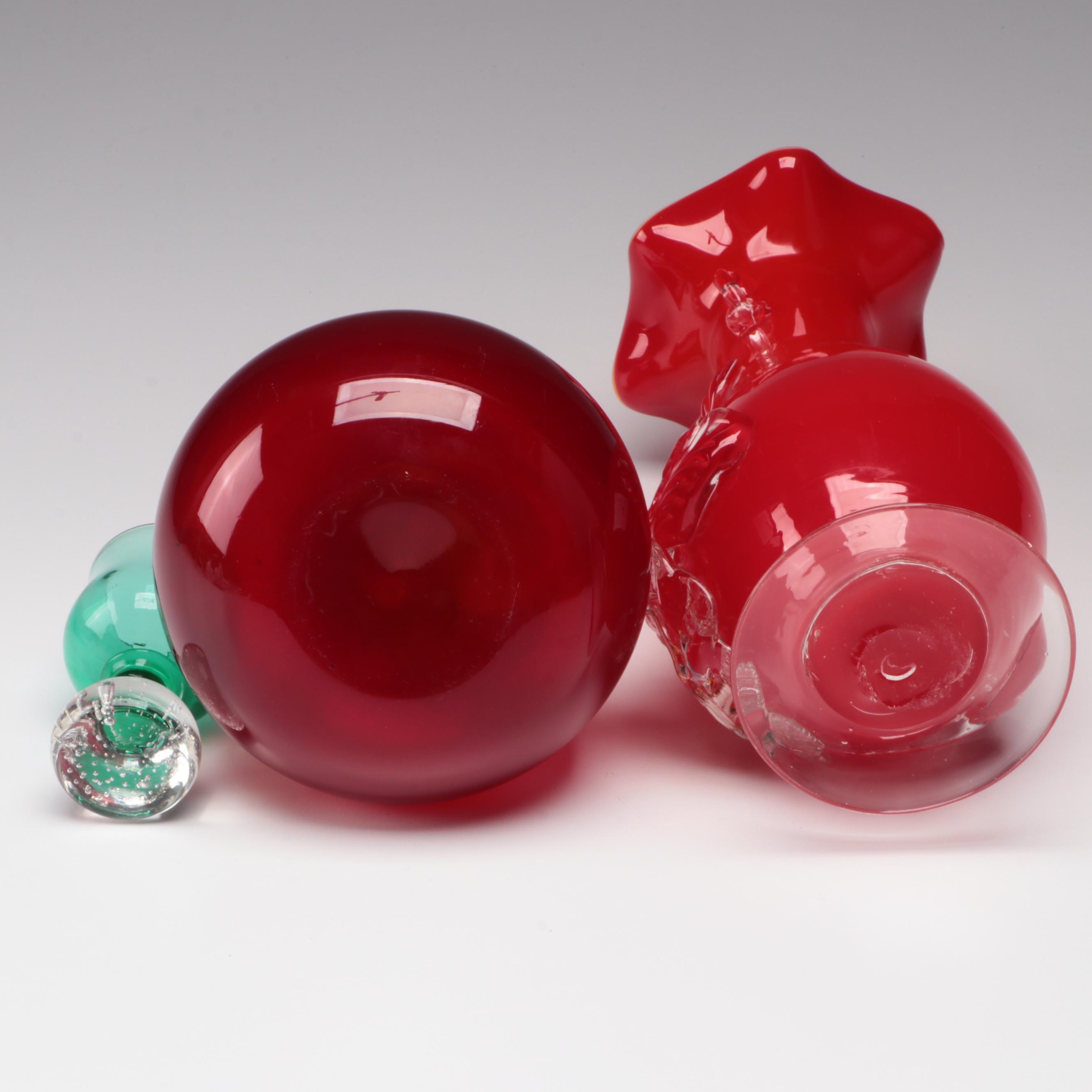Cranberry Glass Vase with Applied Flower Accent and Other Glass Vase and Goblet