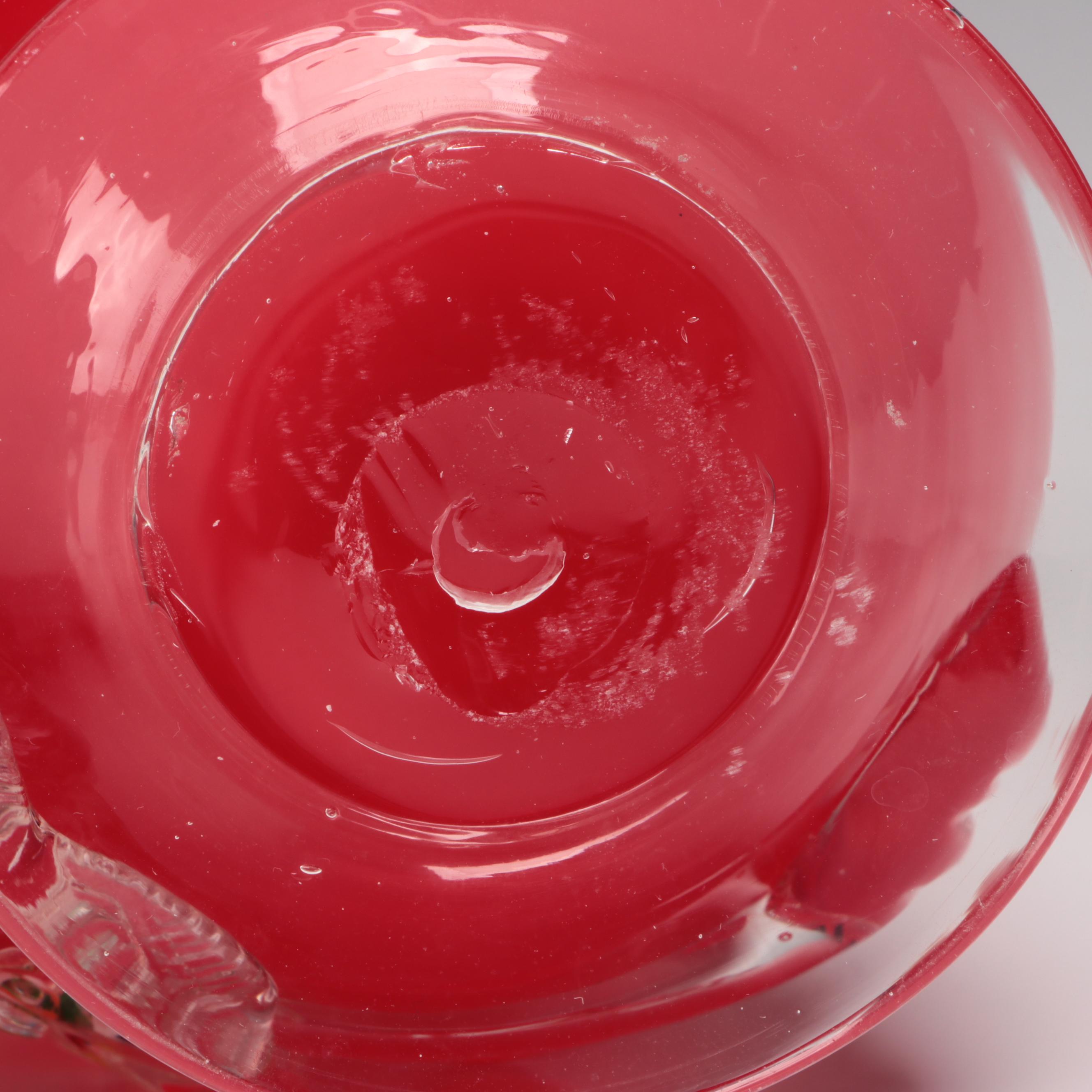 Cranberry Glass Vase with Applied Flower Accent and Other Glass Vase and Goblet