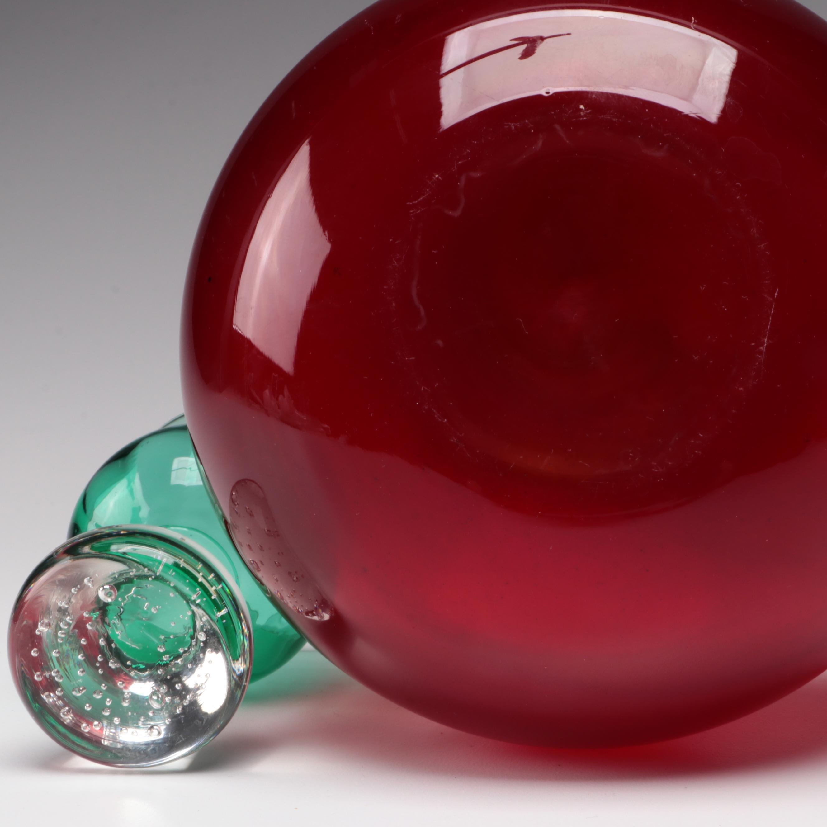 Cranberry Glass Vase with Applied Flower Accent and Other Glass Vase and Goblet