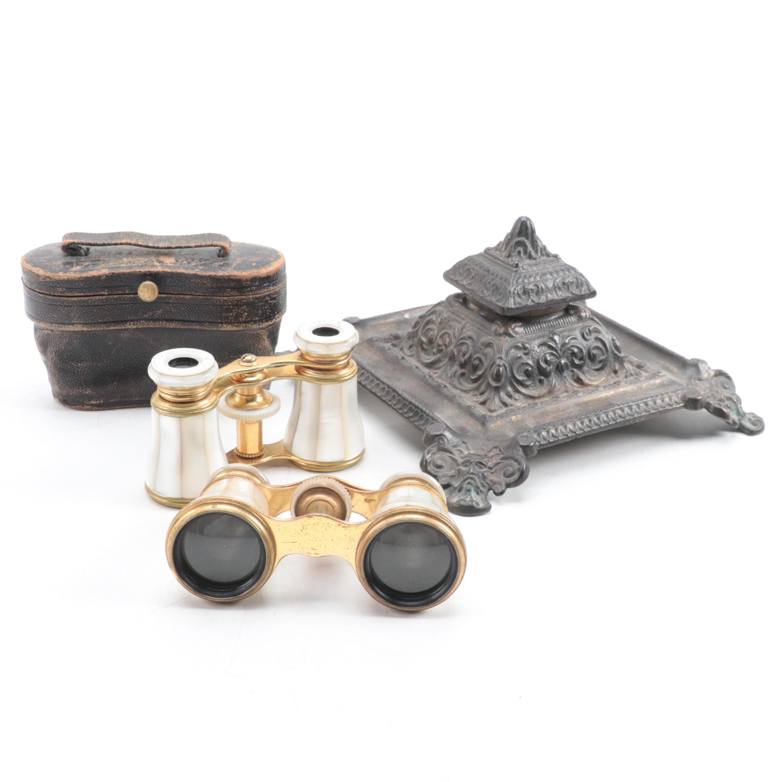 Le Fils and Lemaire Fabi Mother-of-Pearl Opera Glasses with Footed Inkwell