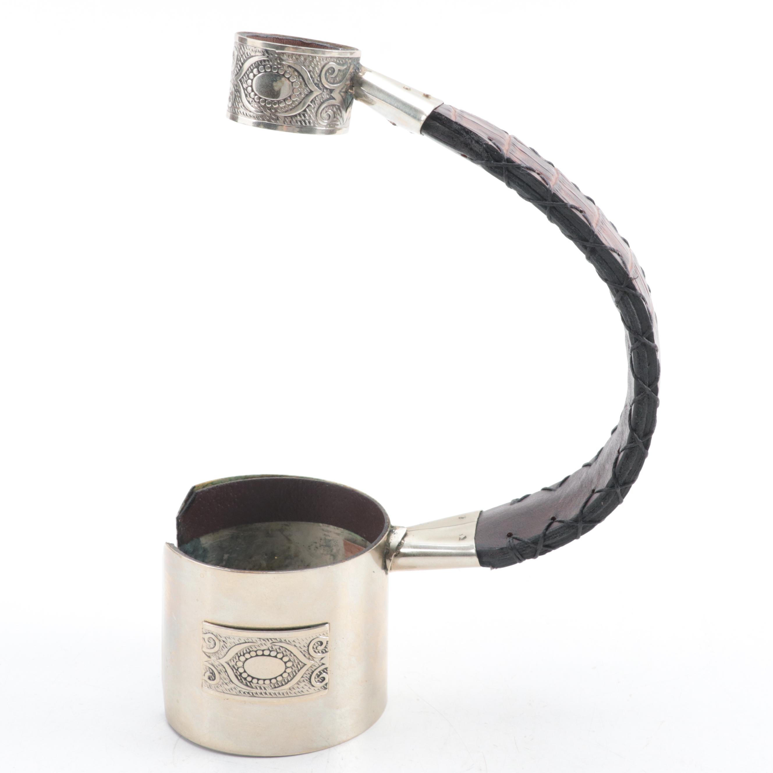 Argentinian De Vinos Embossed Metal and Stitched Leather Wine Bottle Handle