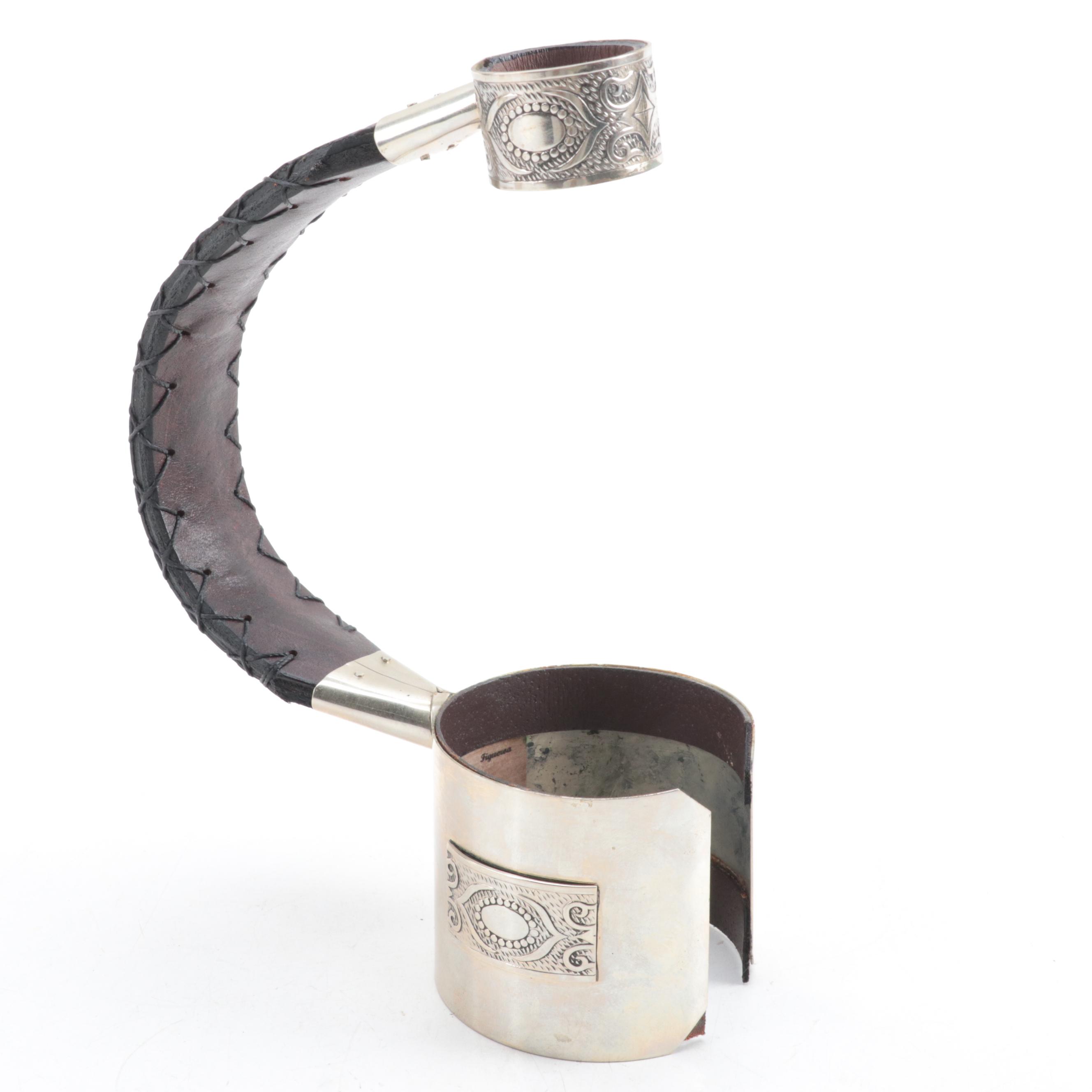 Argentinian De Vinos Embossed Metal and Stitched Leather Wine Bottle Handle