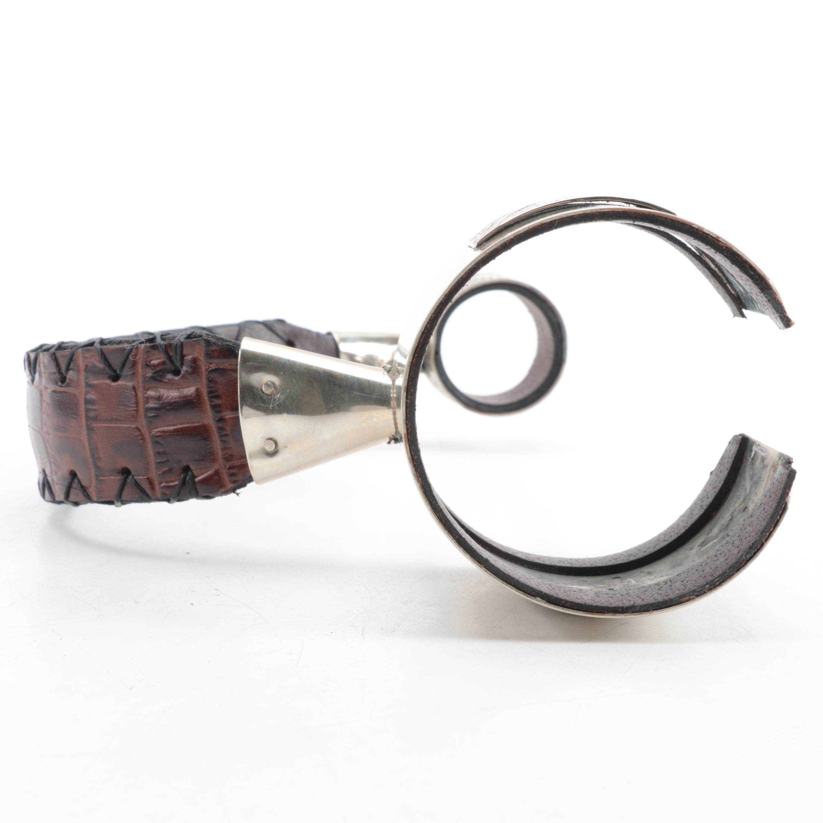 Argentinian De Vinos Embossed Metal and Stitched Leather Wine Bottle Handle