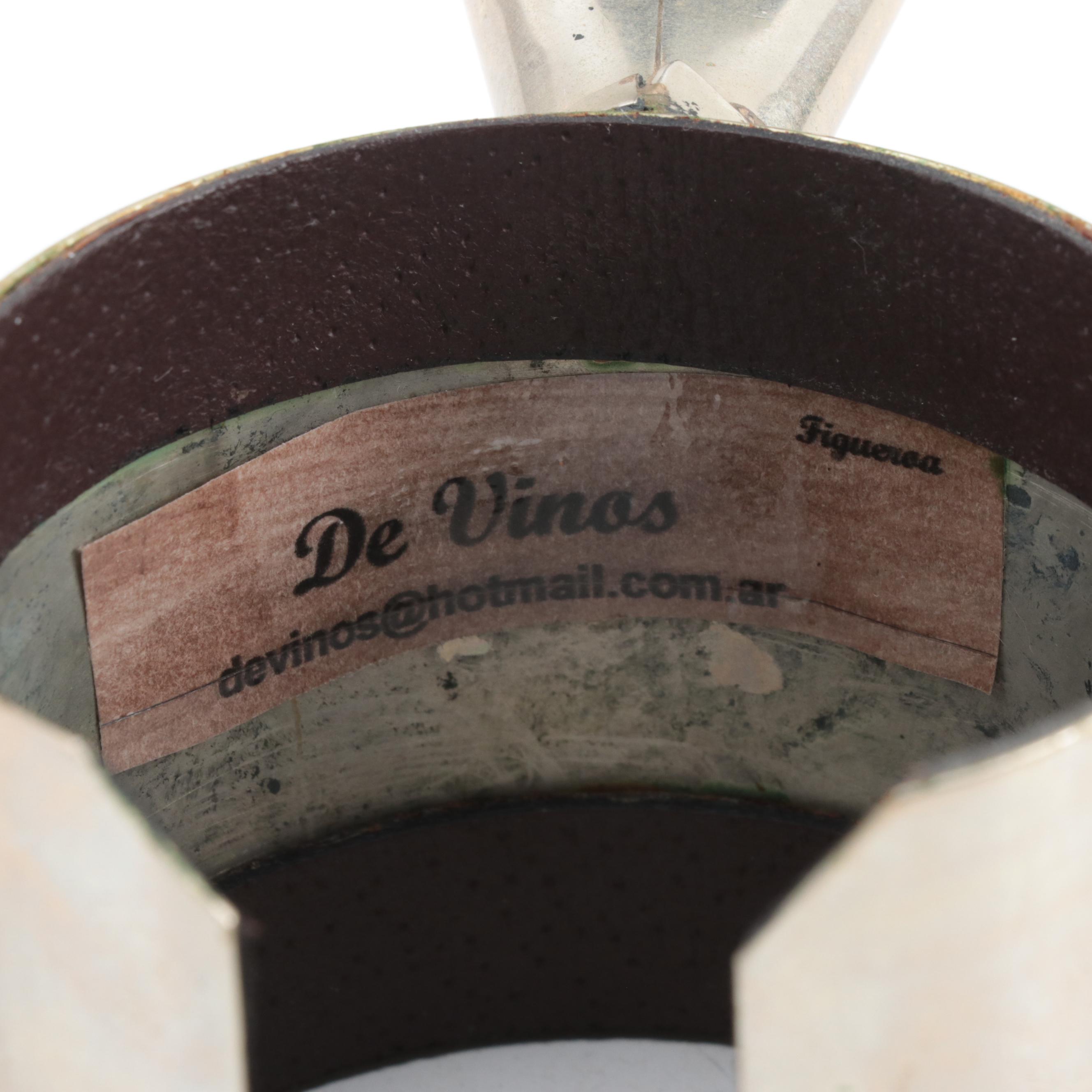 Argentinian De Vinos Embossed Metal and Stitched Leather Wine Bottle Handle