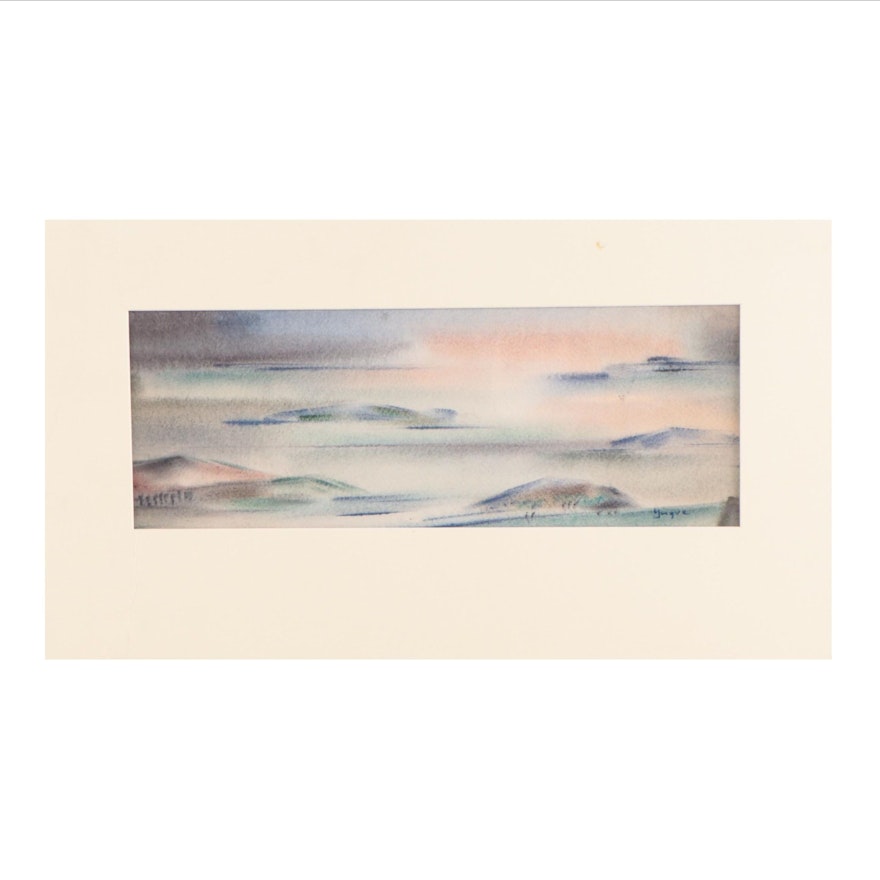 Yngve H. Olsen Modernist Watercolor Painting of Landscape, Mid-20th Century