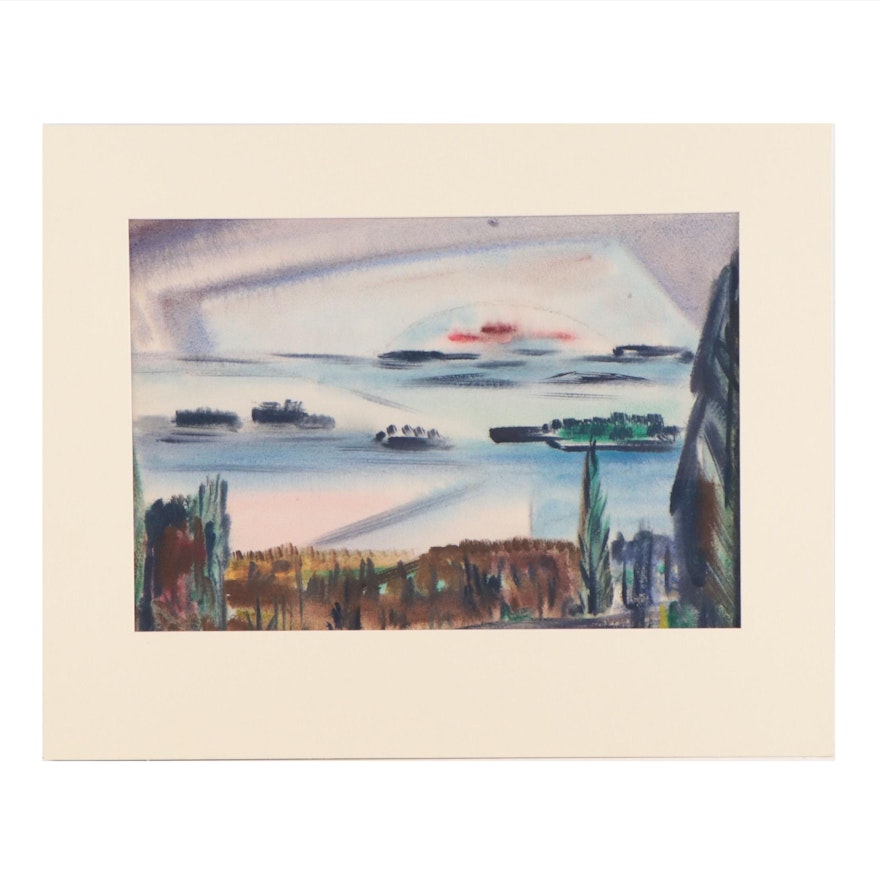 Yngve H. Olsen Modernist Watercolor Painting of Landscape, Mid-20th Century