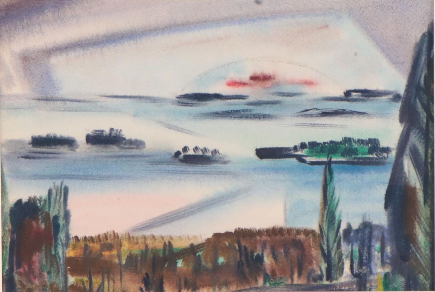 Yngve H. Olsen Modernist Watercolor Painting of Landscape, Mid-20th Century