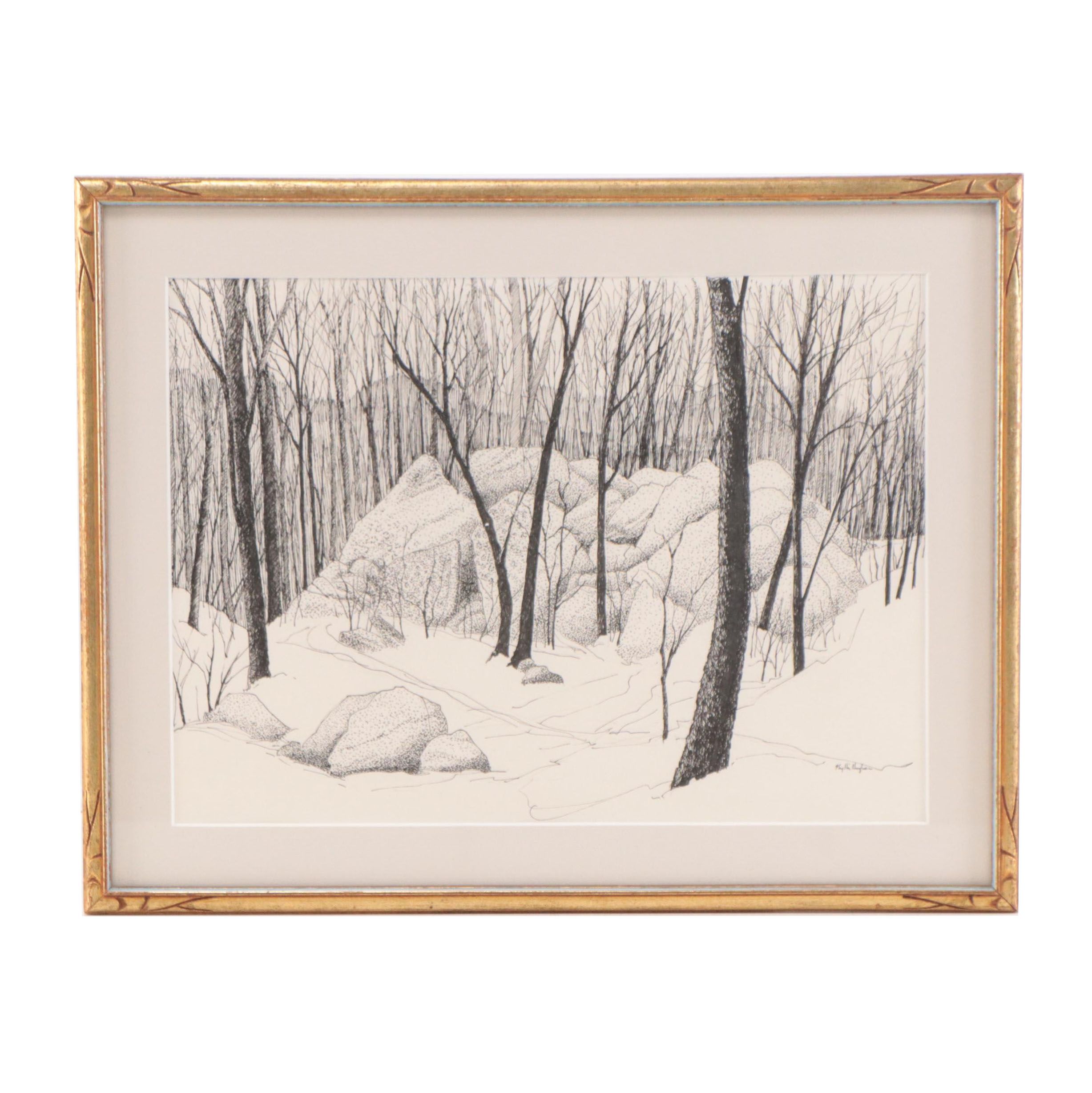 Phyllis Rash Hughes Ink Drawing of Winter Forest Landscape