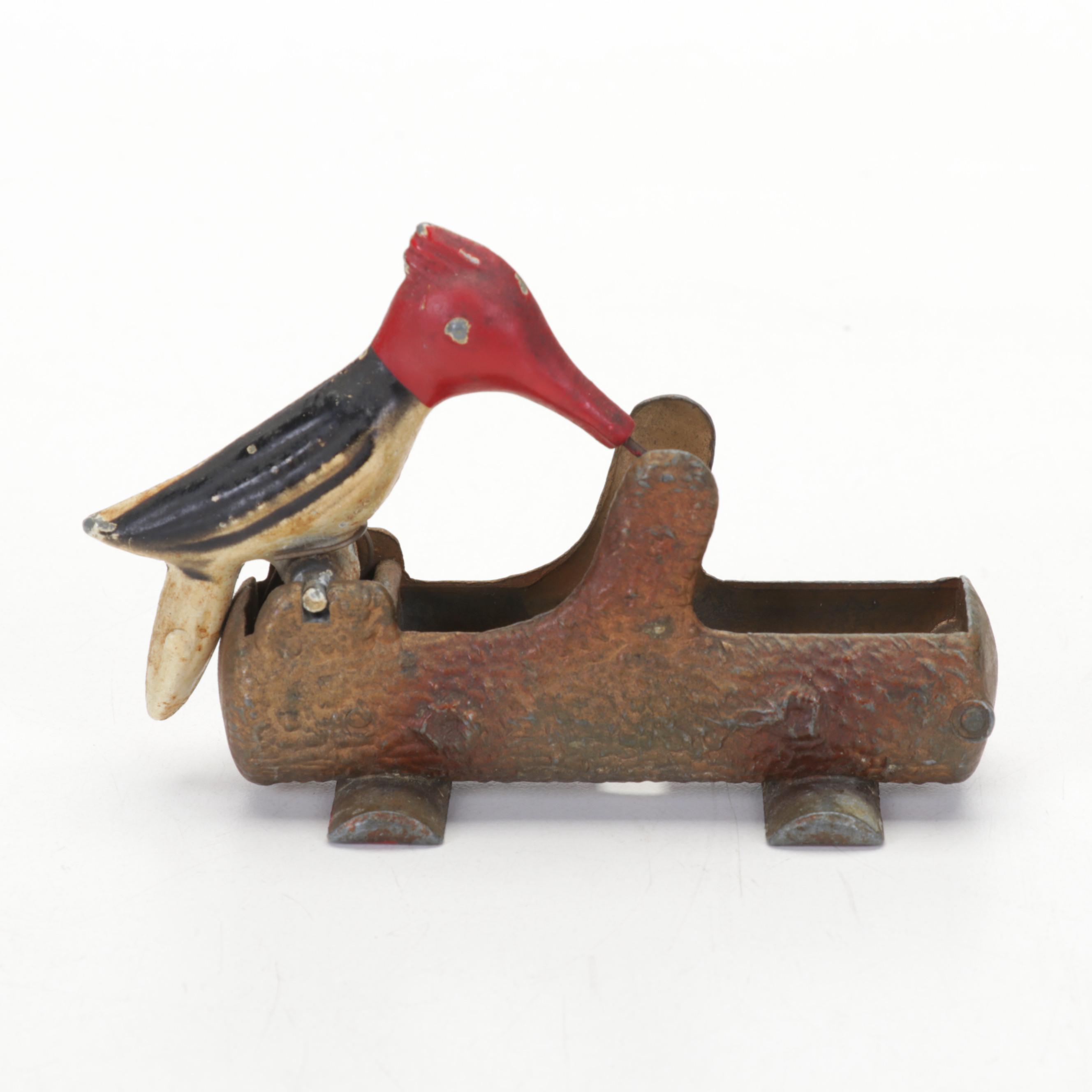 Painted Cast Metal Woodpecker Toothpick Dispenser, Mid-20th Century