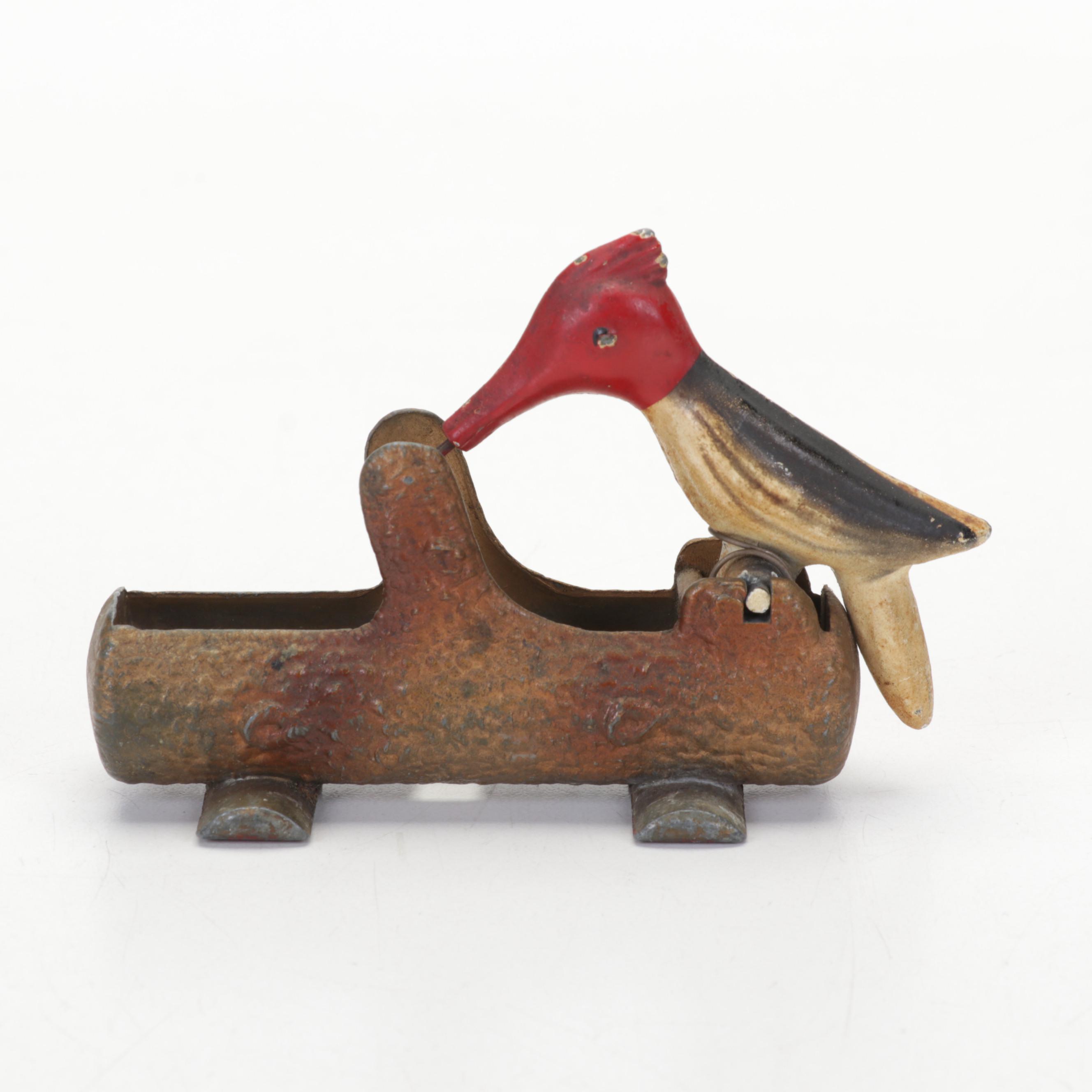 Painted Cast Metal Woodpecker Toothpick Dispenser, Mid-20th Century