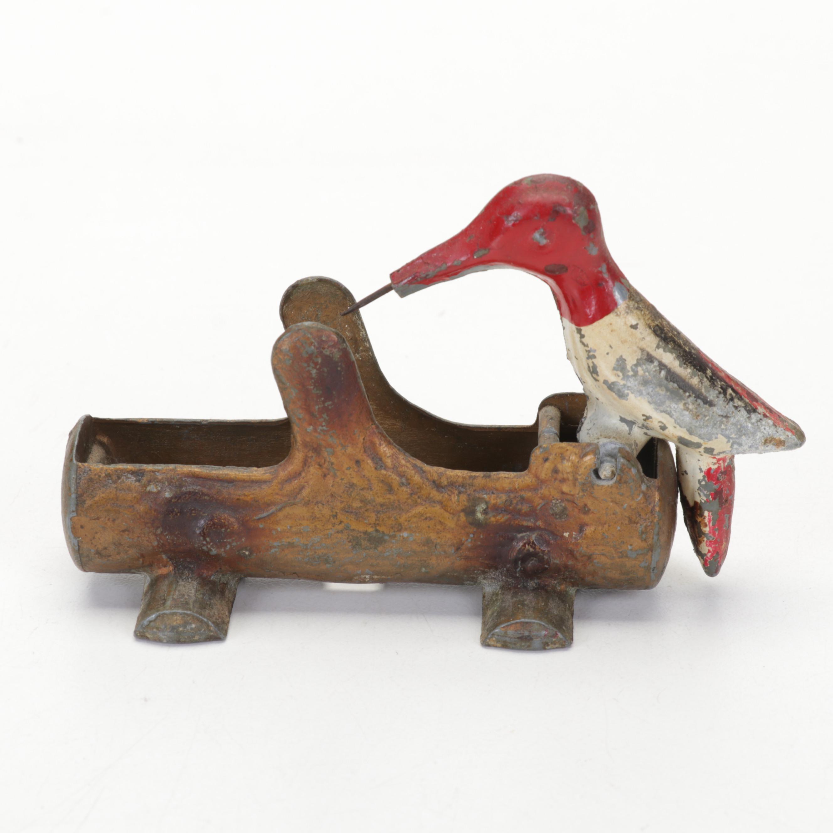 Painted Cast Metal Woodpecker Toothpick Dispenser, Mid-20th Century