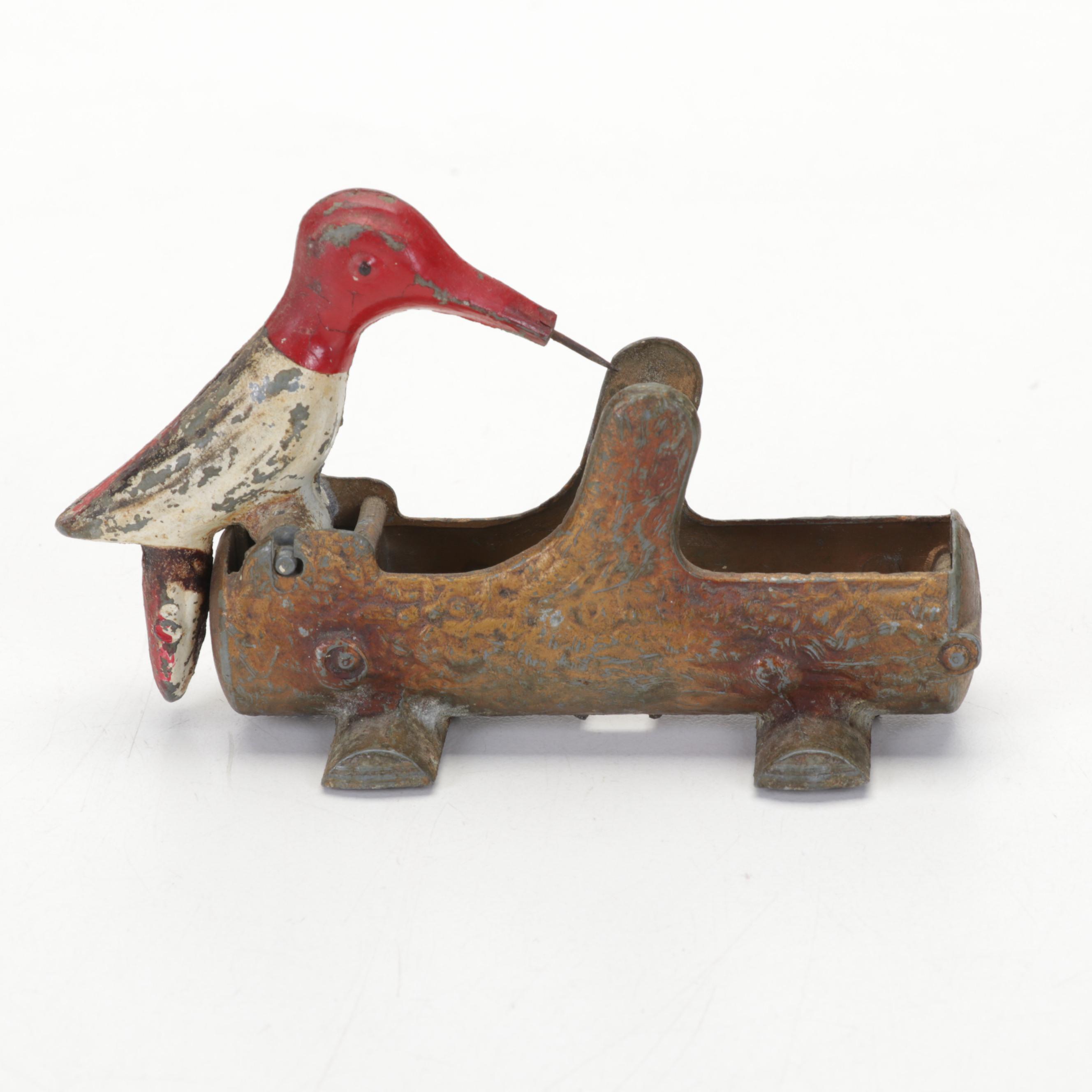 Painted Cast Metal Woodpecker Toothpick Dispenser, Mid-20th Century