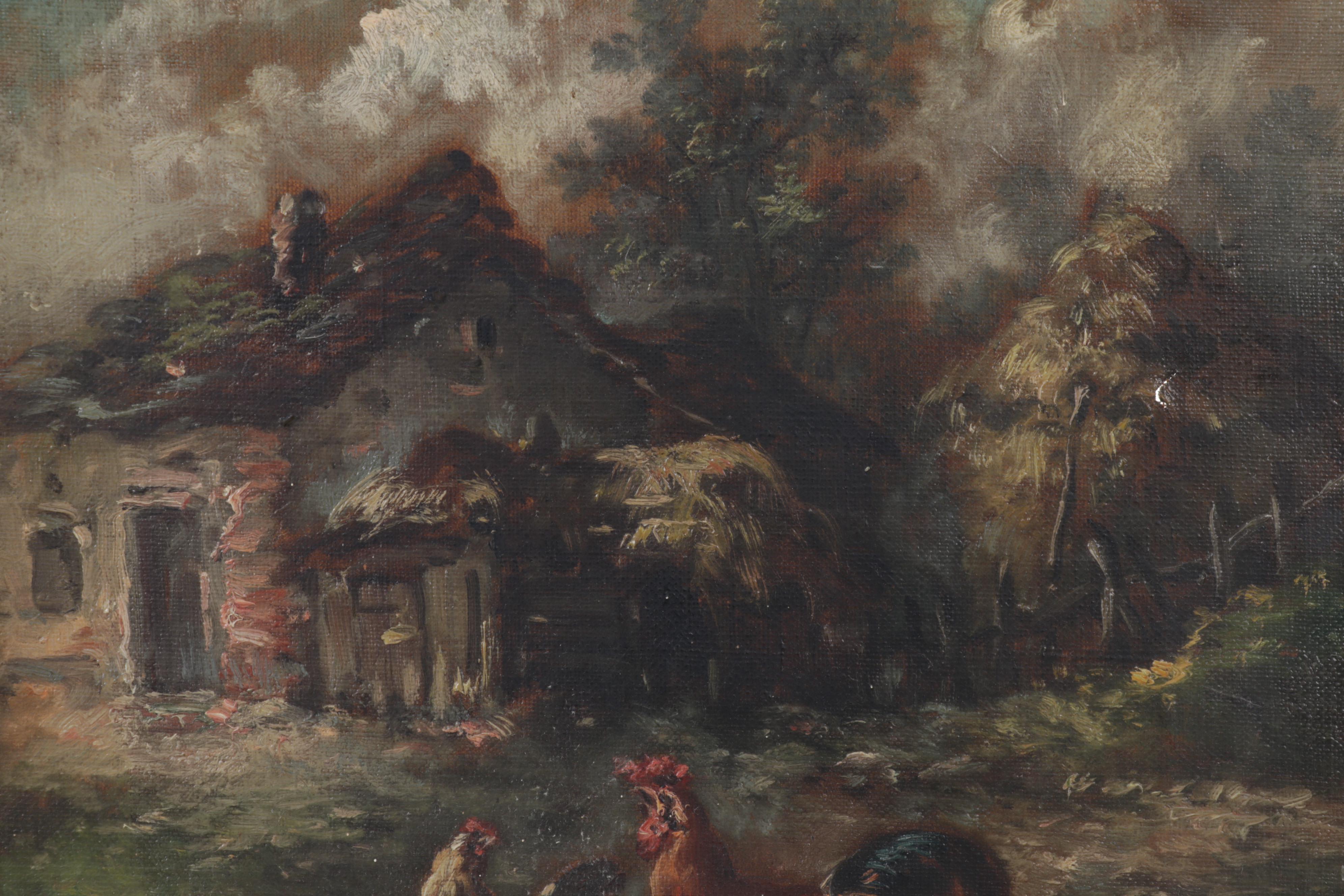 Louis Marie Lemaire Oil Painting of Chickens in Barnyard, Late 19th Century