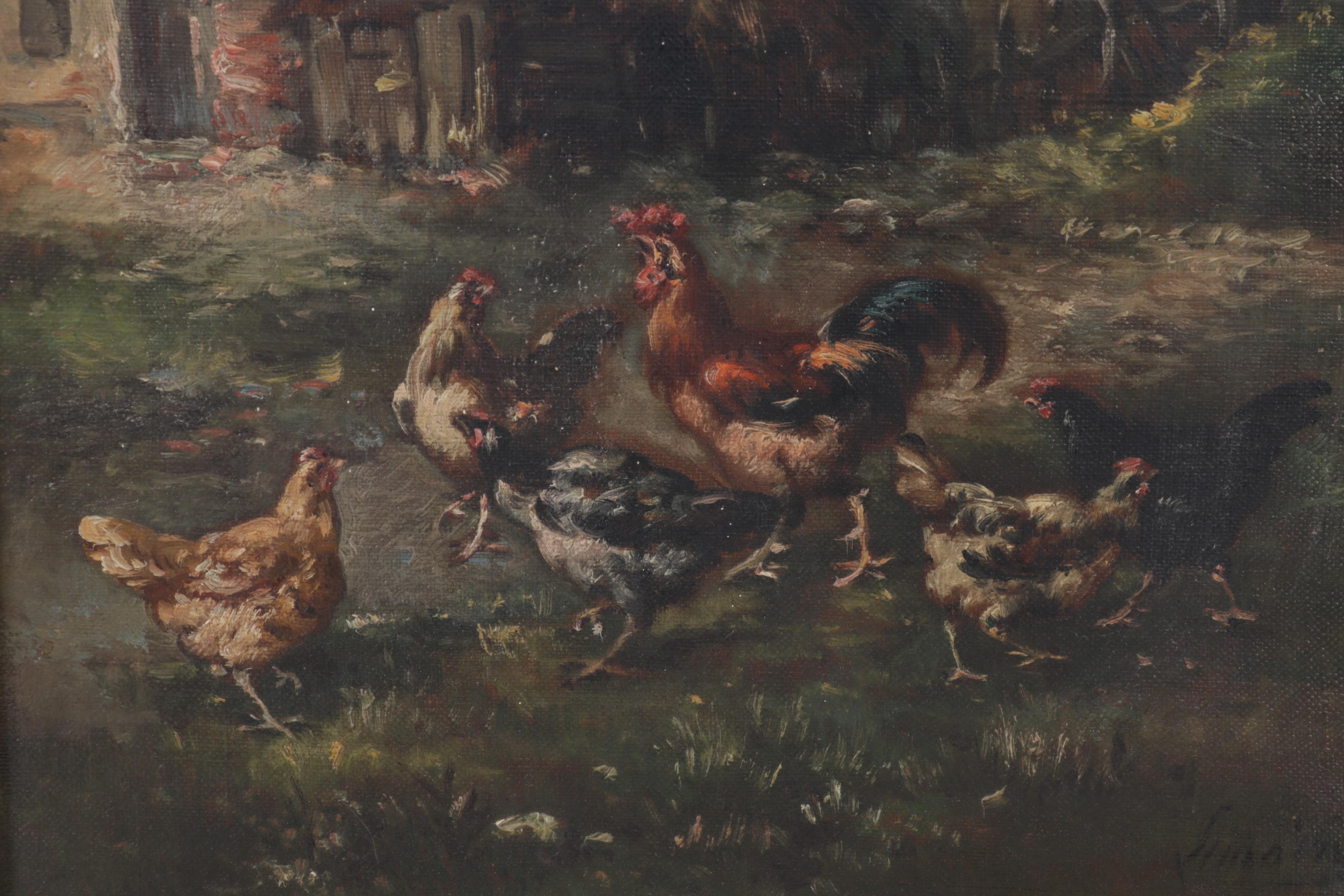 Louis Marie Lemaire Oil Painting of Chickens in Barnyard, Late 19th Century