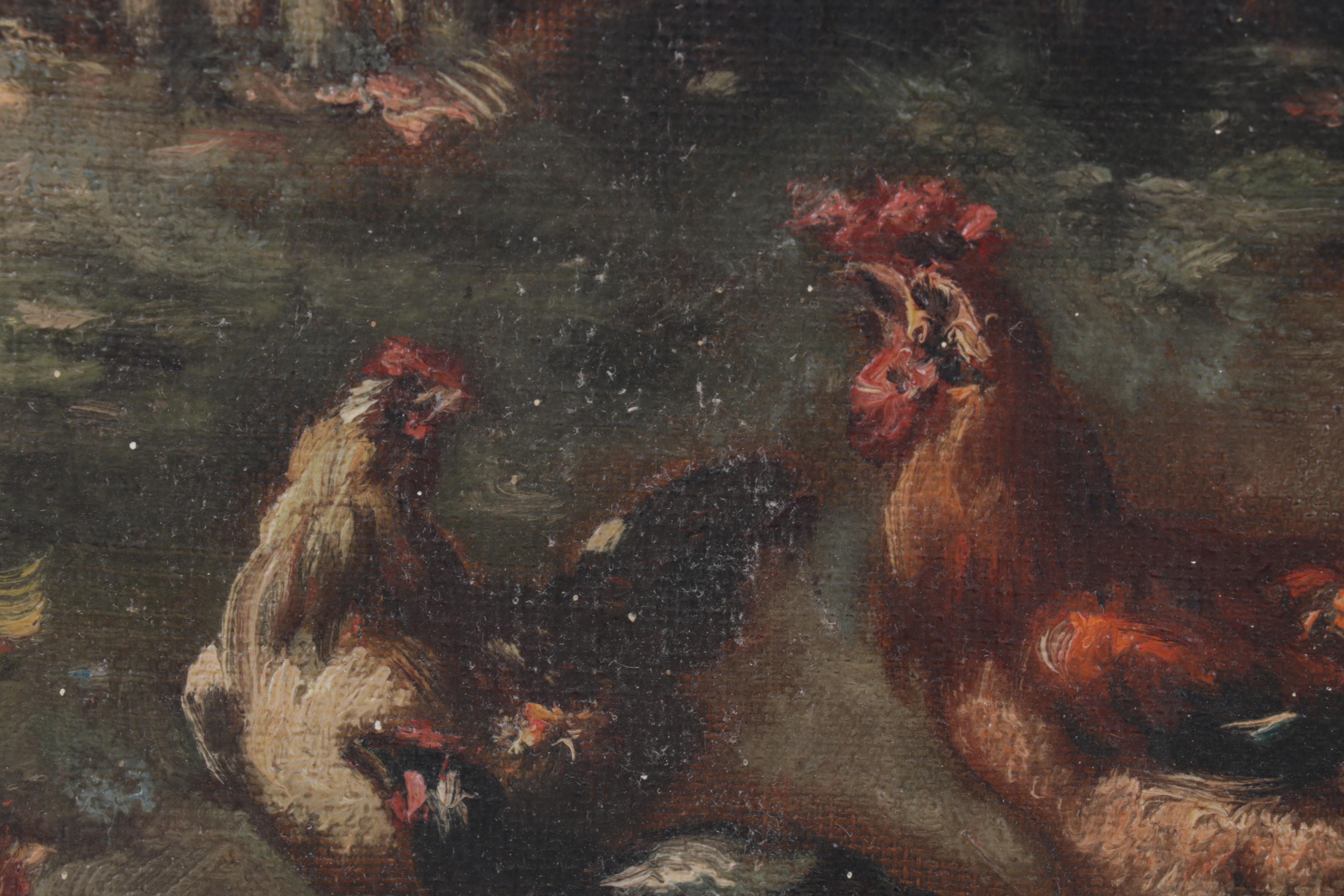 Louis Marie Lemaire Oil Painting of Chickens in Barnyard, Late 19th Century