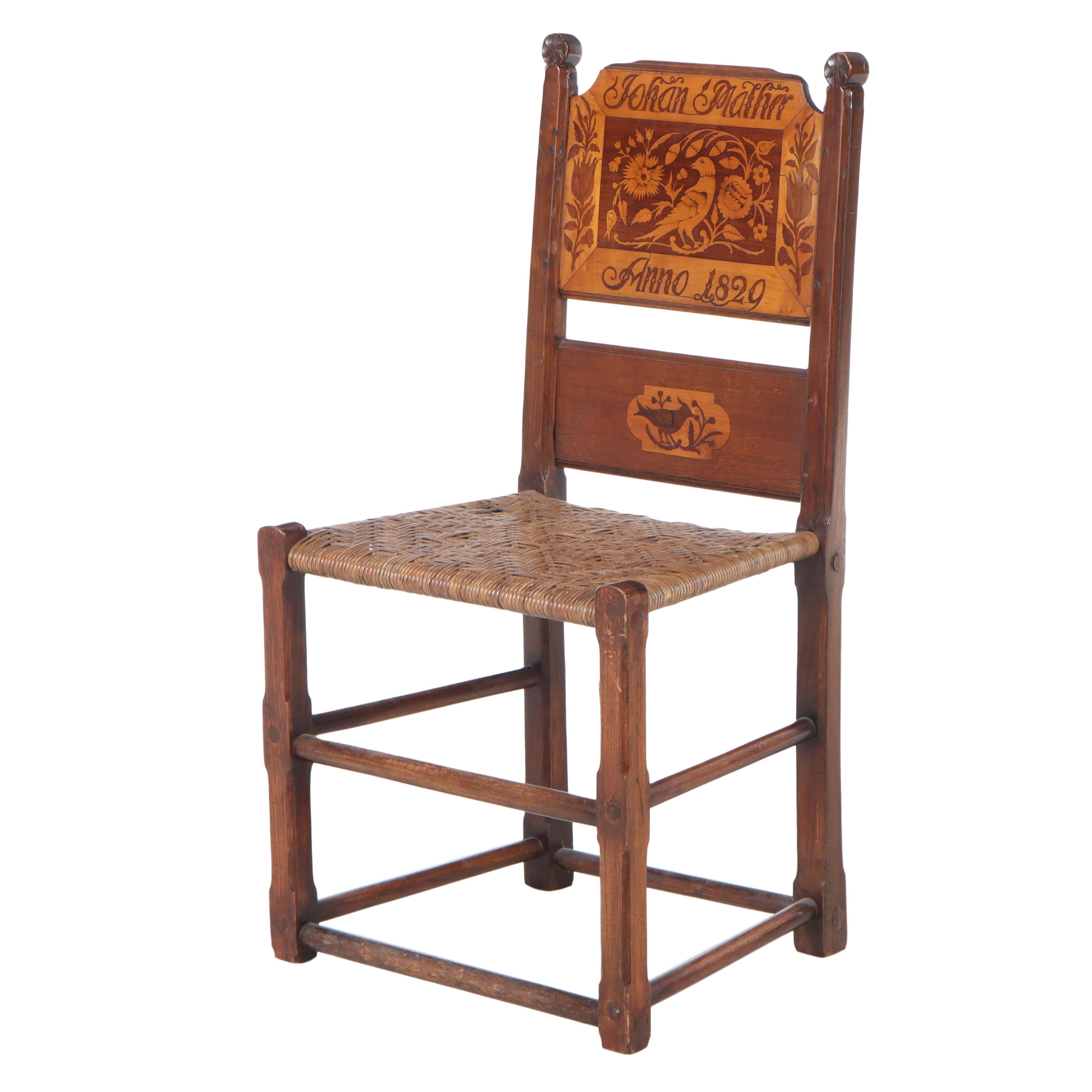 Marquetry-Back and Rush Seat Hardwood Side Chair, dated 1829