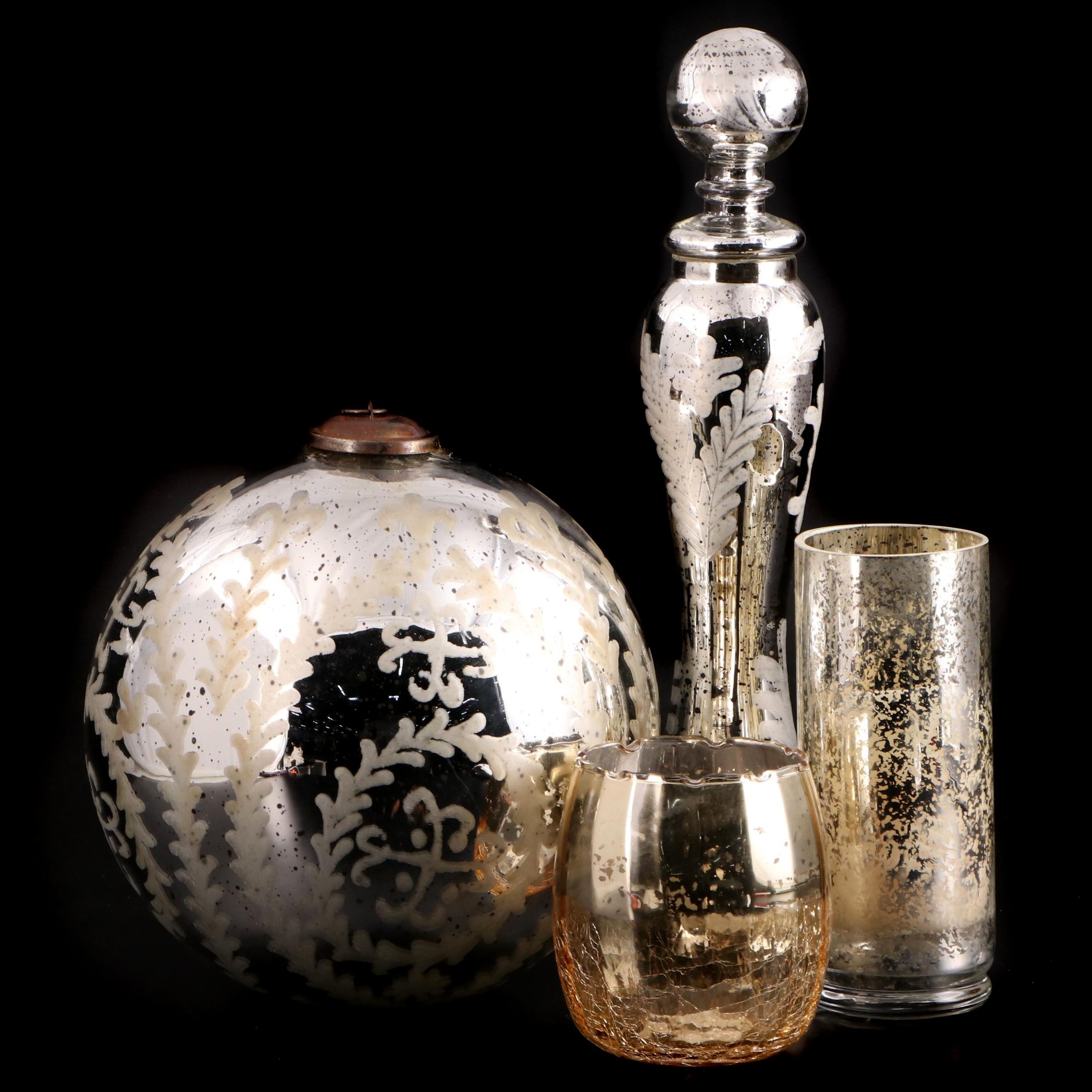 Mercury Glass Orb, Tea Light Holder, Vase, and Perfume Bottle
