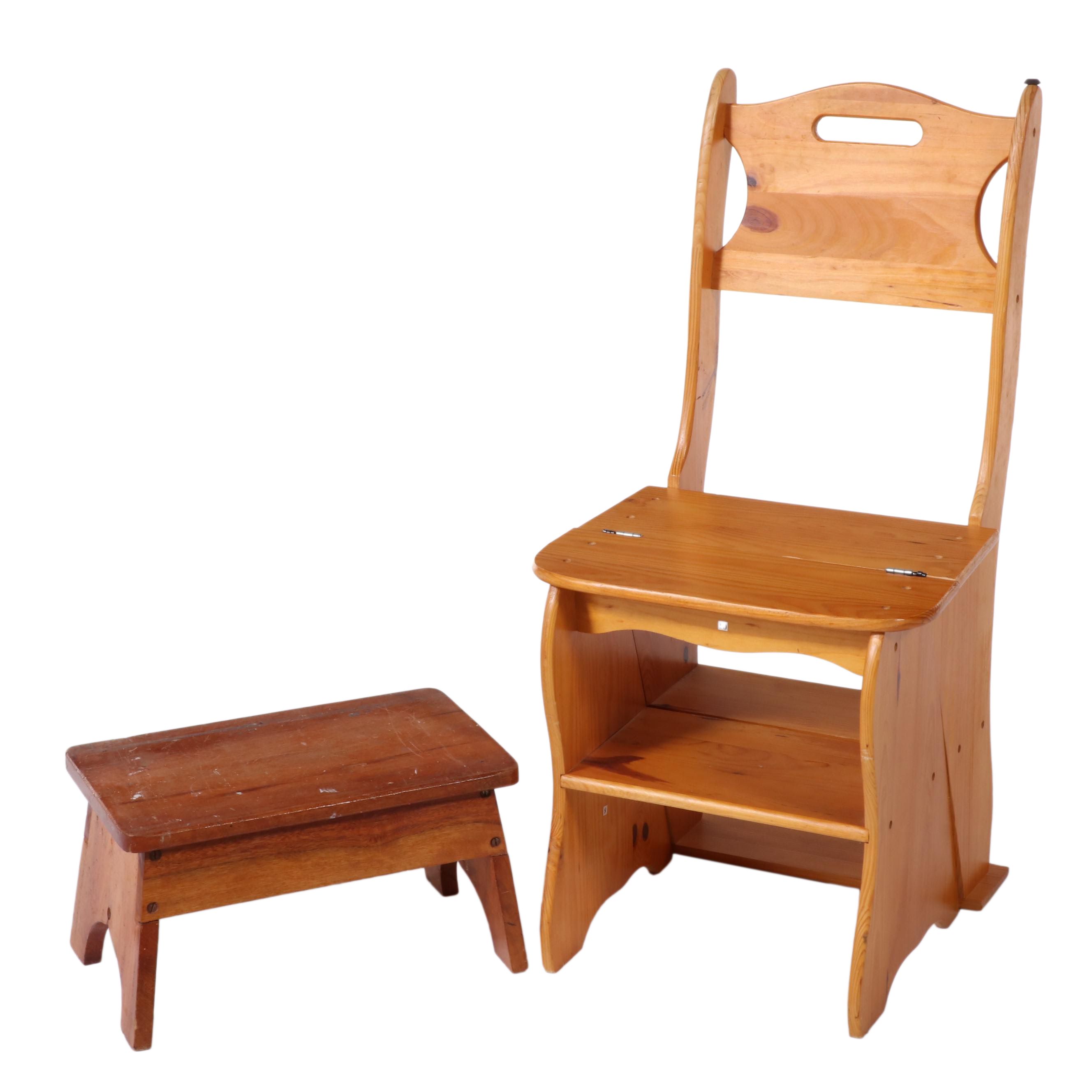 American Primitive Style Pine Metamorphic Side Chair/Library Steps Plus Footsool