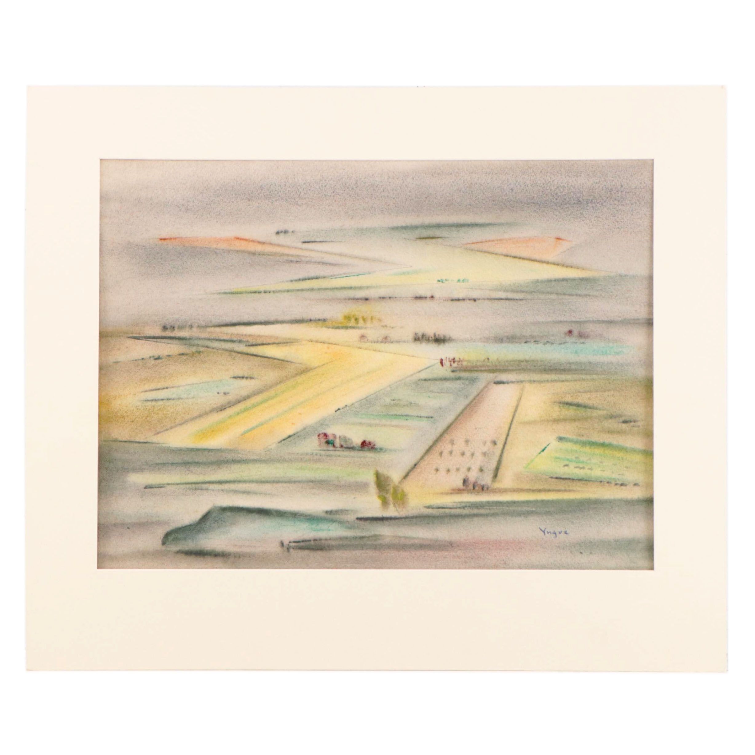 Yngve H. Olsen Modernist Watercolor Painting of Landscape, Mid-20th Century