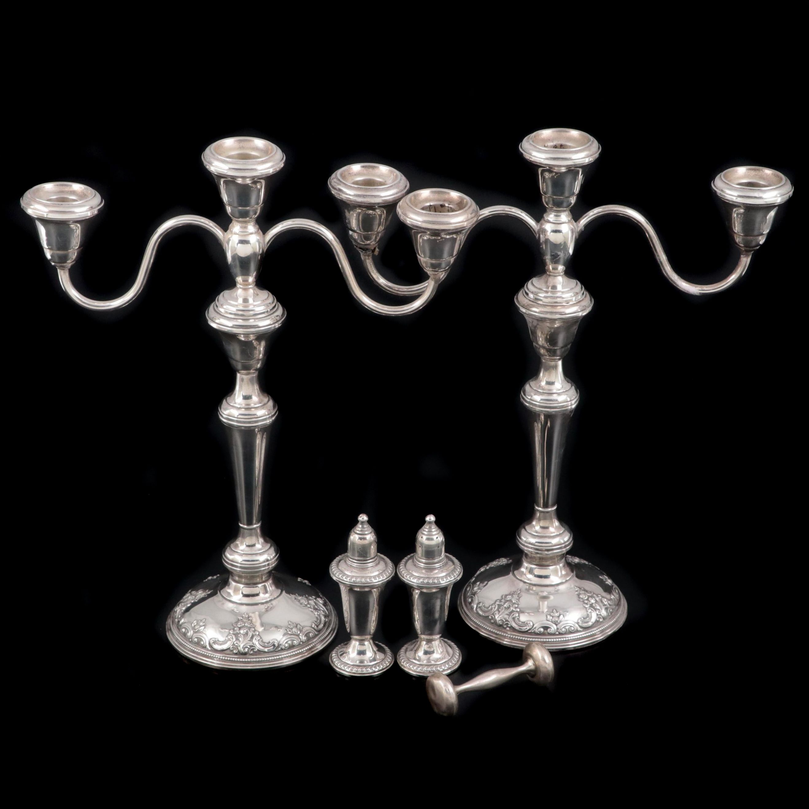 Wallace Weighted Sterling Three-Branch Candelabra with Shakers and Baby Rattle