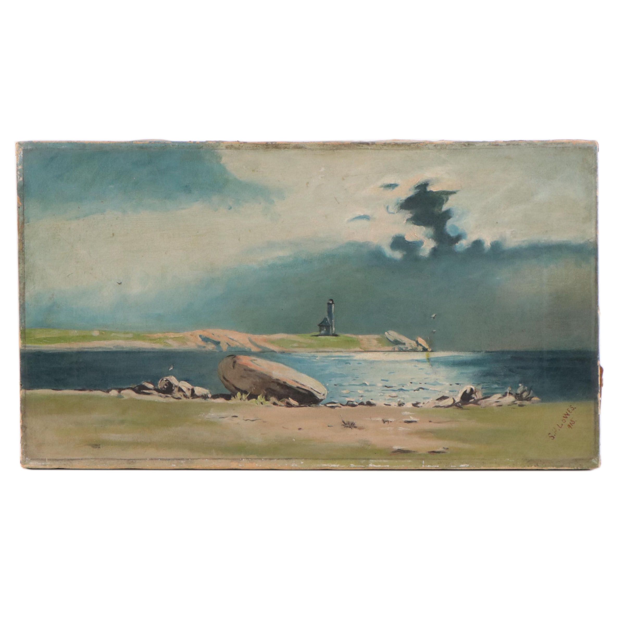 Seascape Oil Painting of Lighthouse, 1915