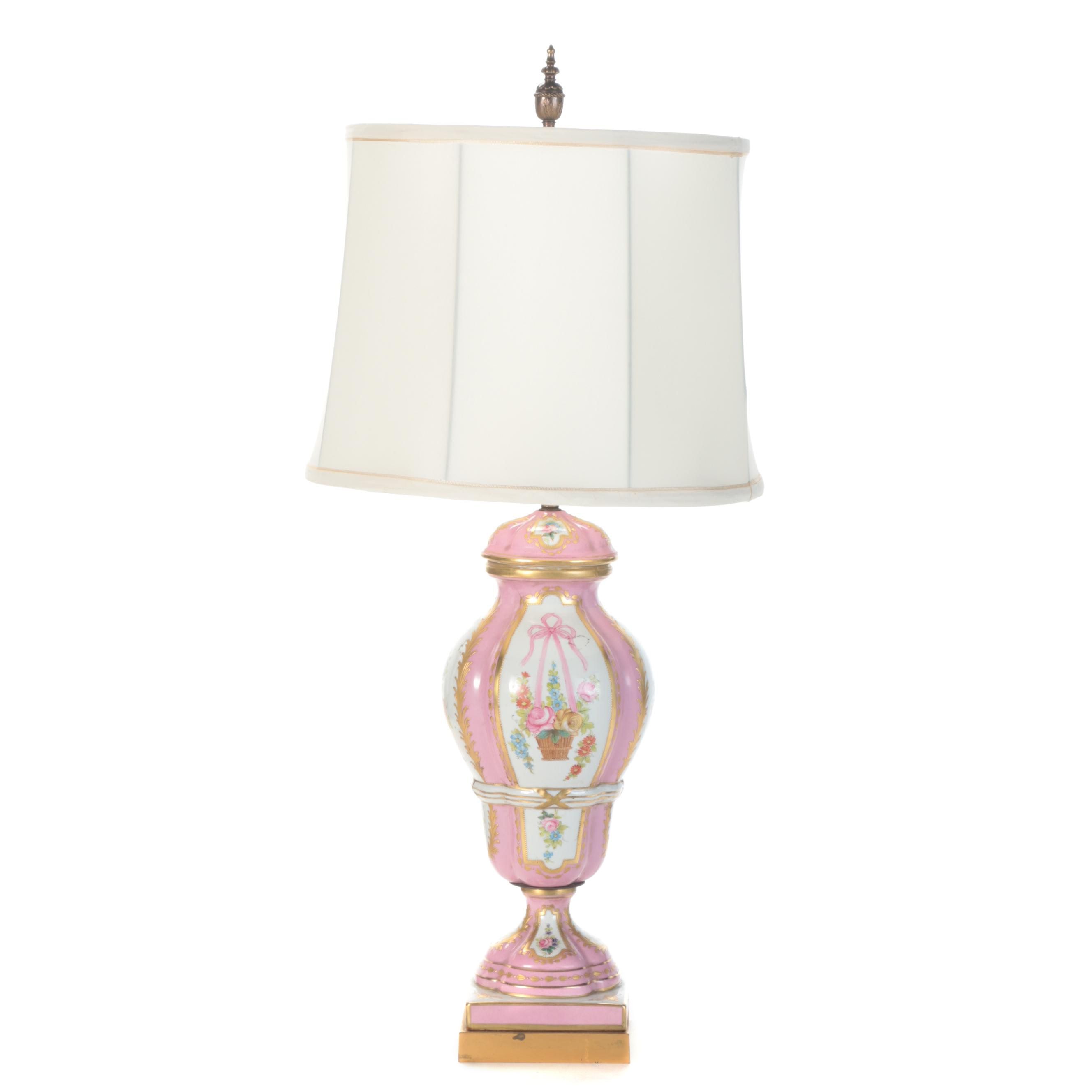 Victorian Style Porcelain Hand-Painted Vase Table Lamp, Mid-20th Century