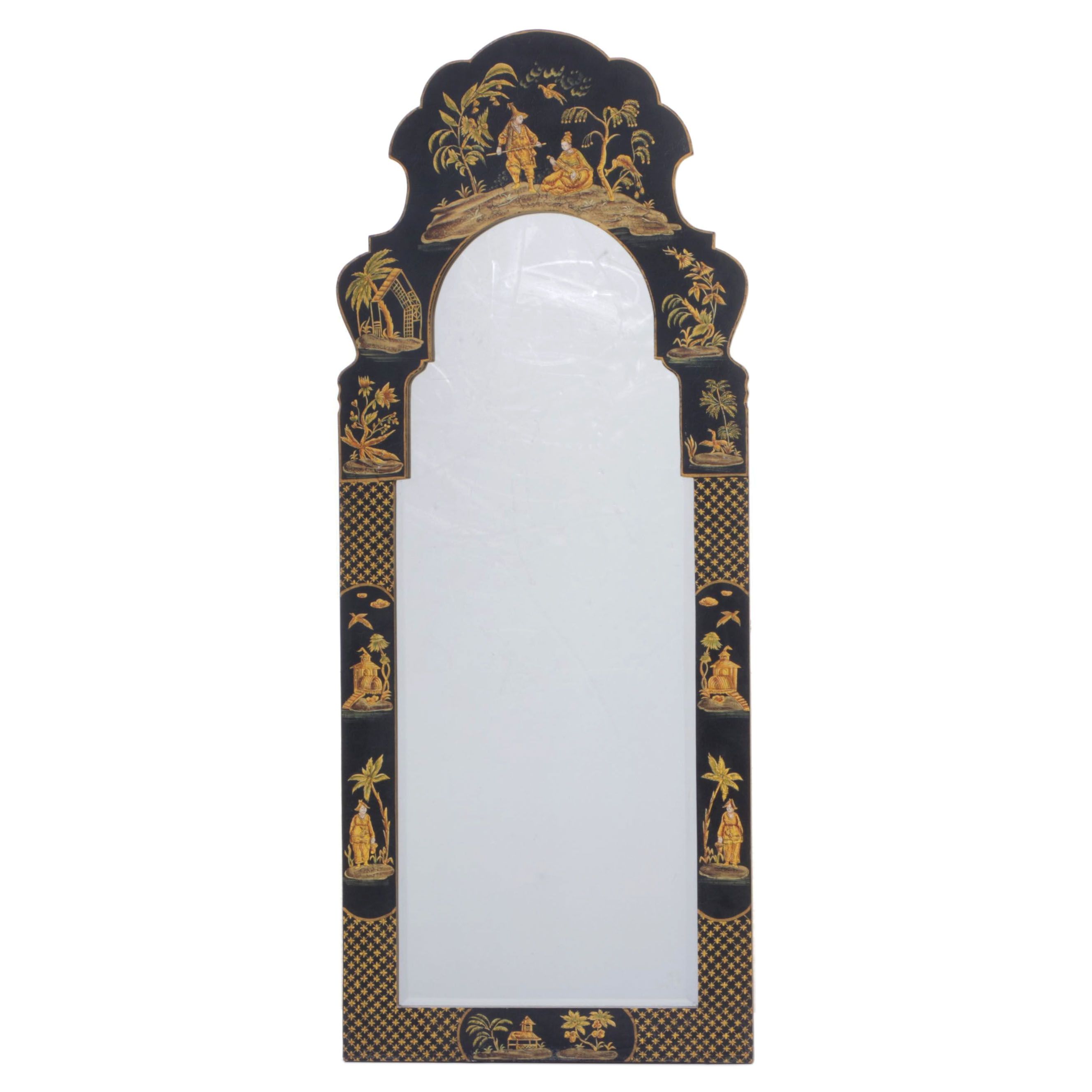 Ebonized, Parcel-Gilt, and Chinoiserie-Decorated Mirror