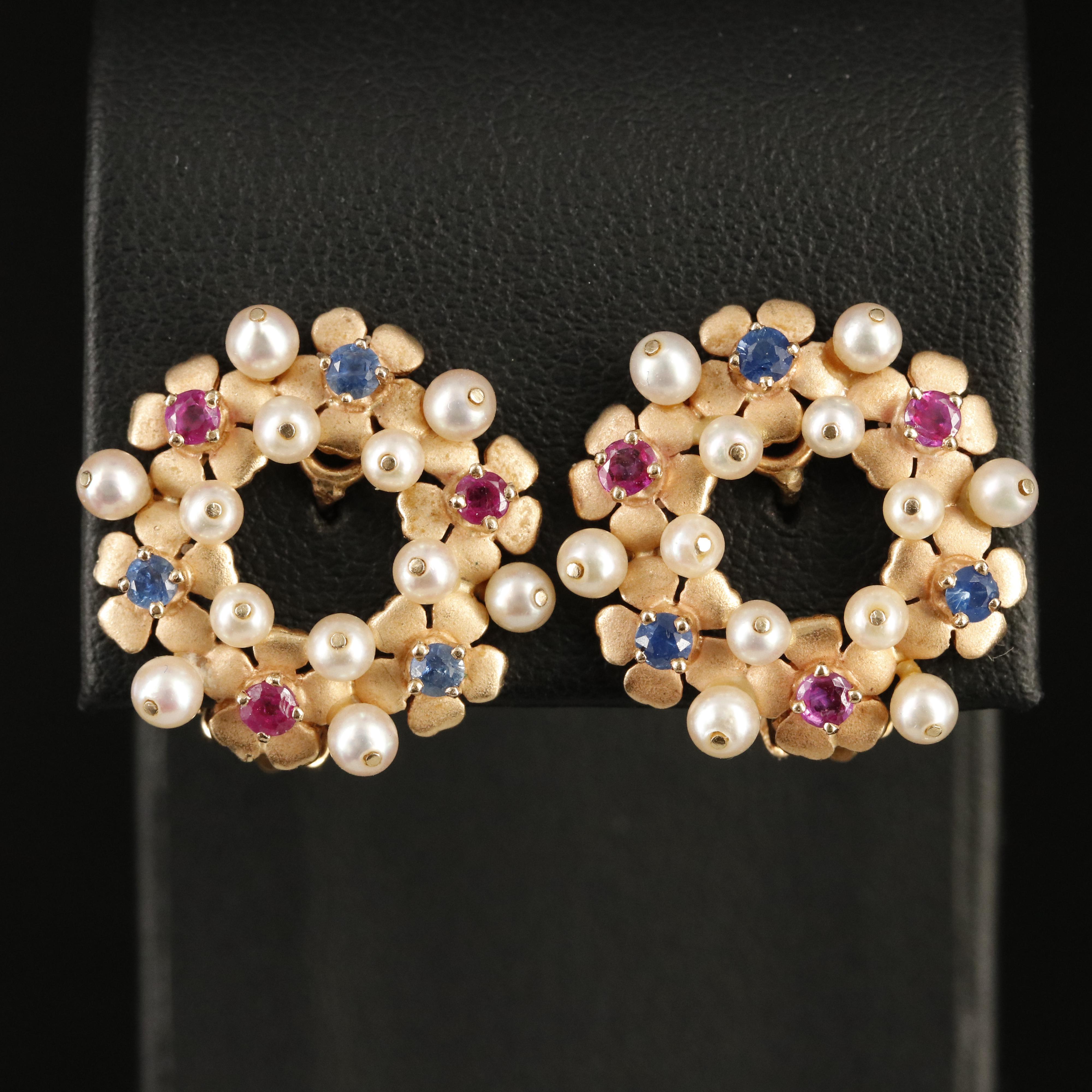 14K Pearl, Sapphire and Ruby Flower Wreath Earrings