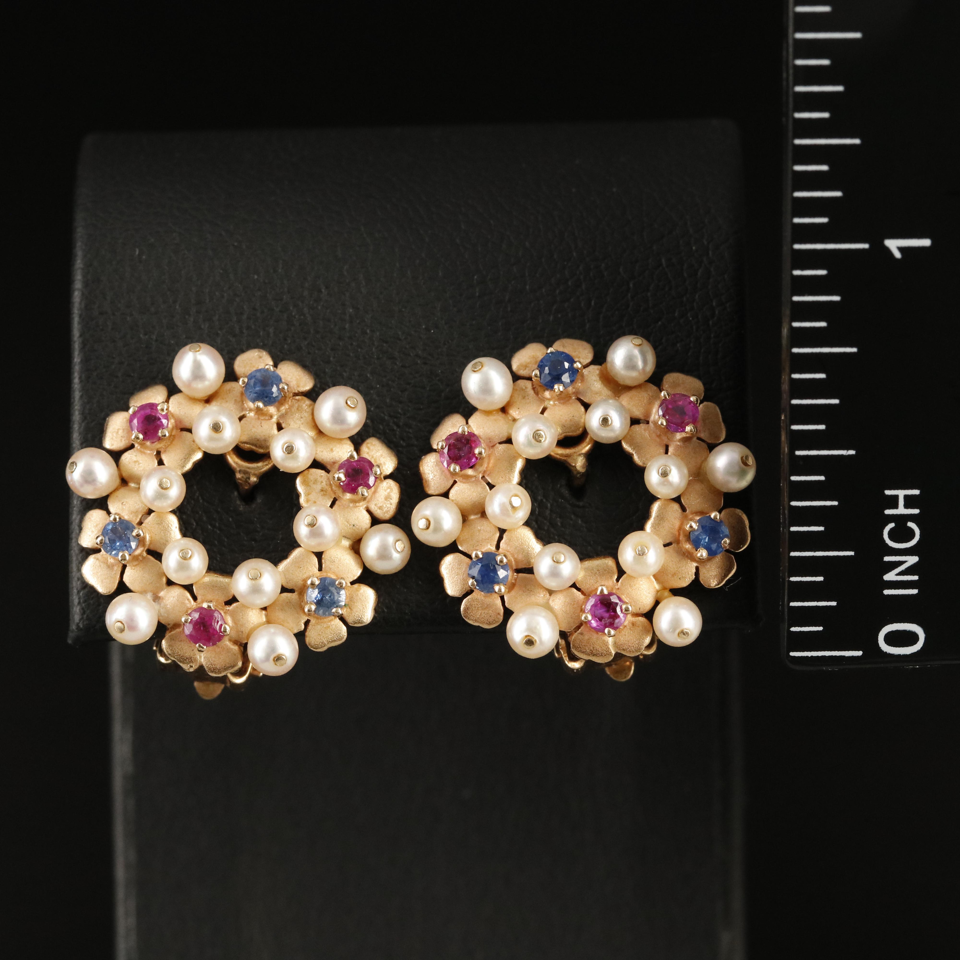 14K Pearl, Sapphire and Ruby Flower Wreath Earrings