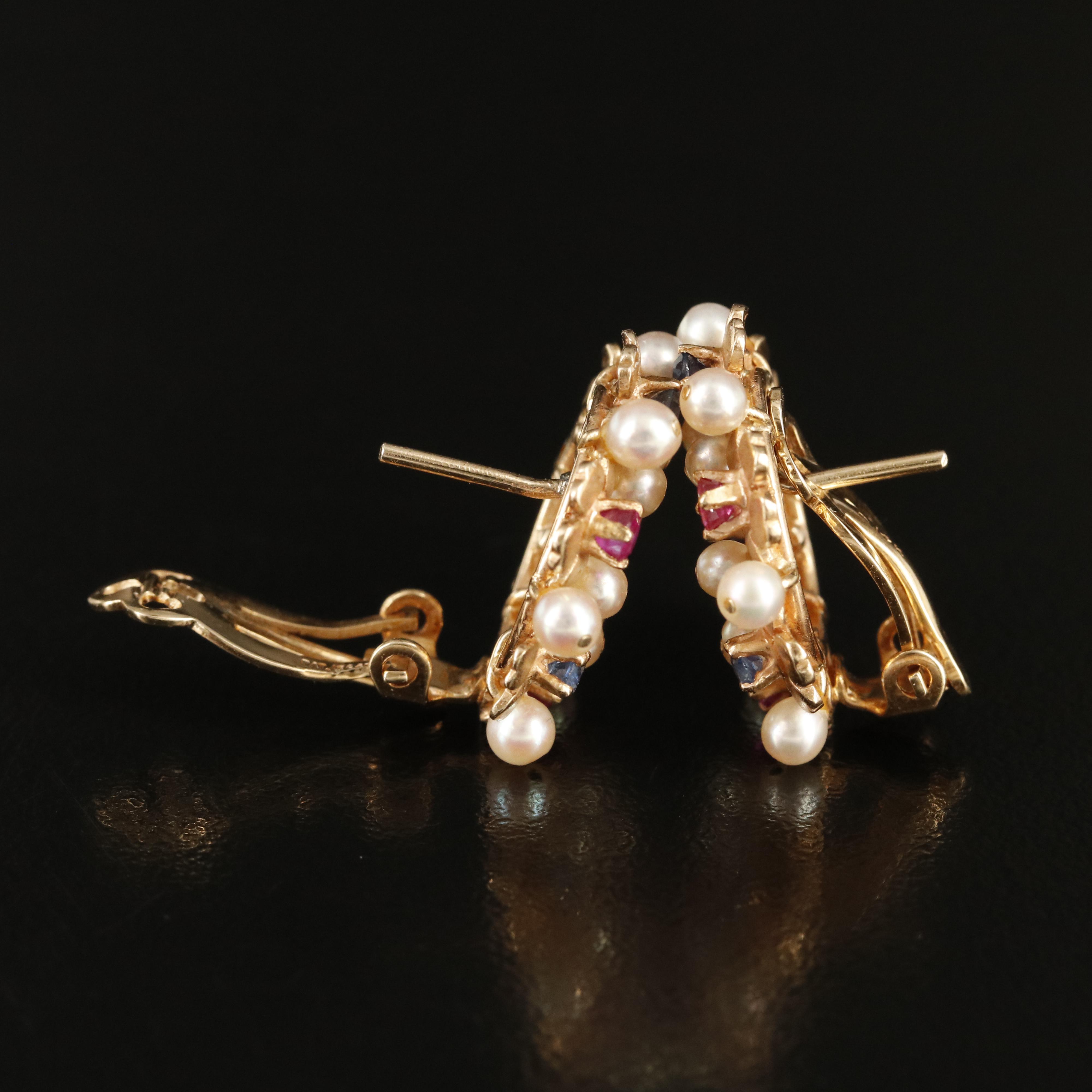 14K Pearl, Sapphire and Ruby Flower Wreath Earrings