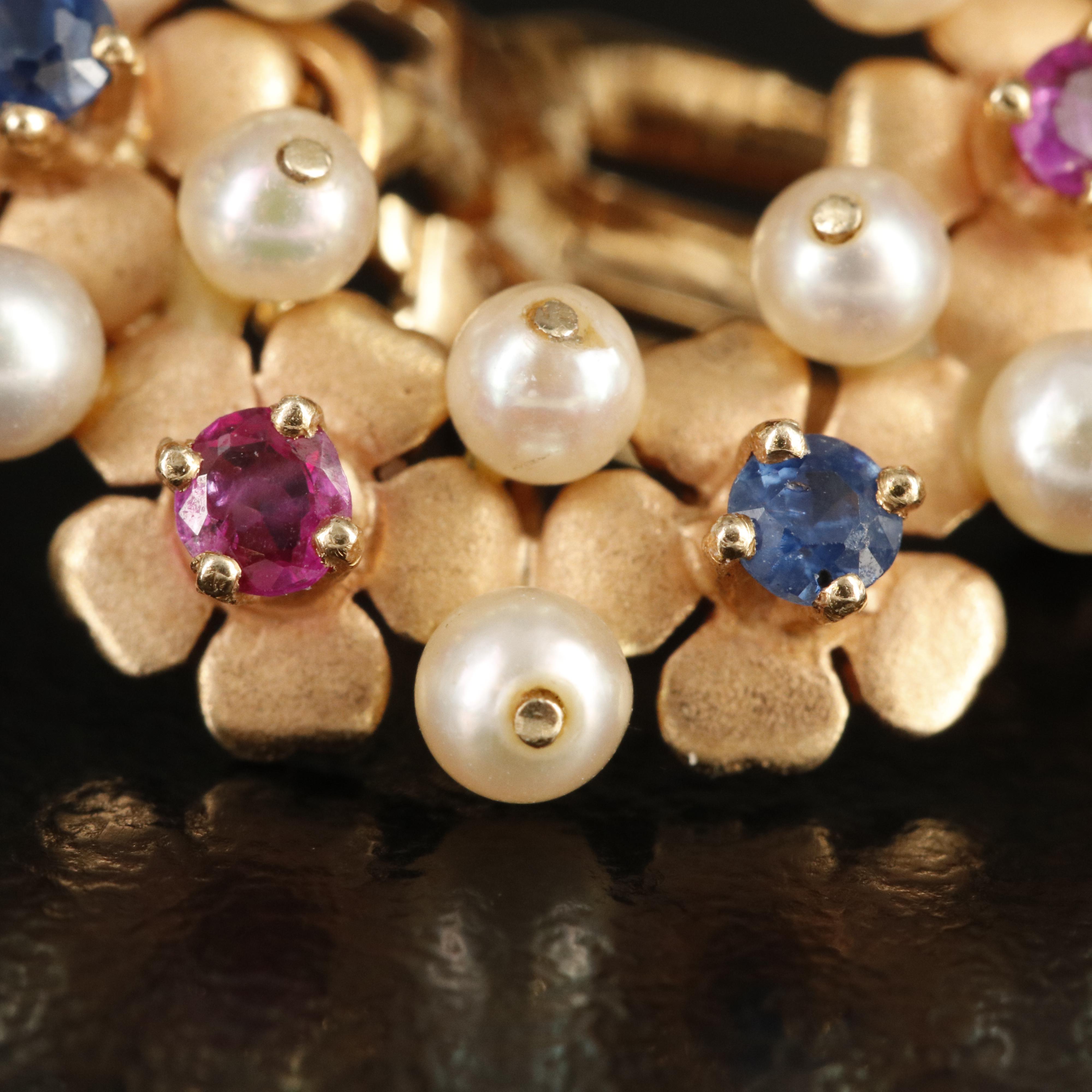 14K Pearl, Sapphire and Ruby Flower Wreath Earrings