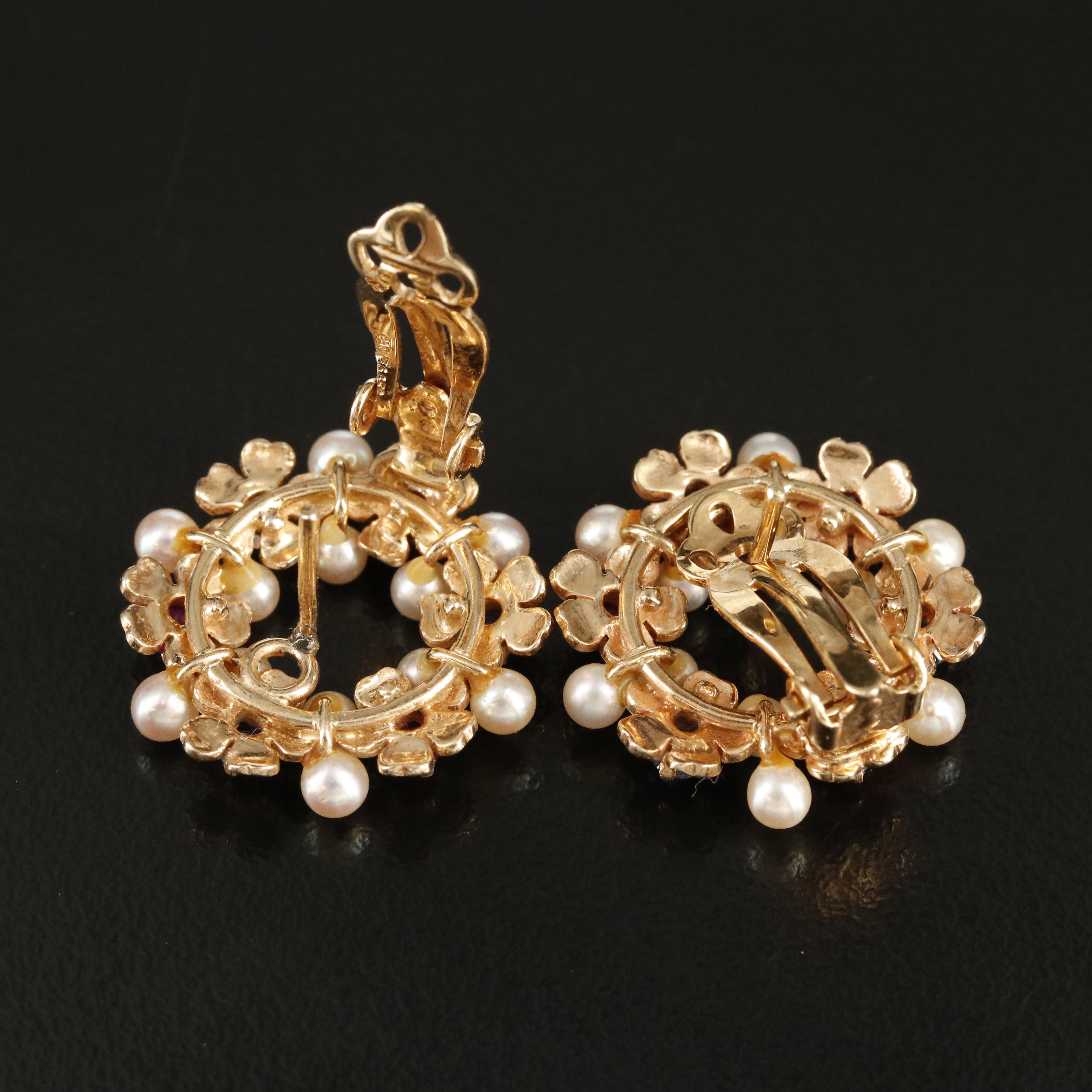 14K Pearl, Sapphire and Ruby Flower Wreath Earrings