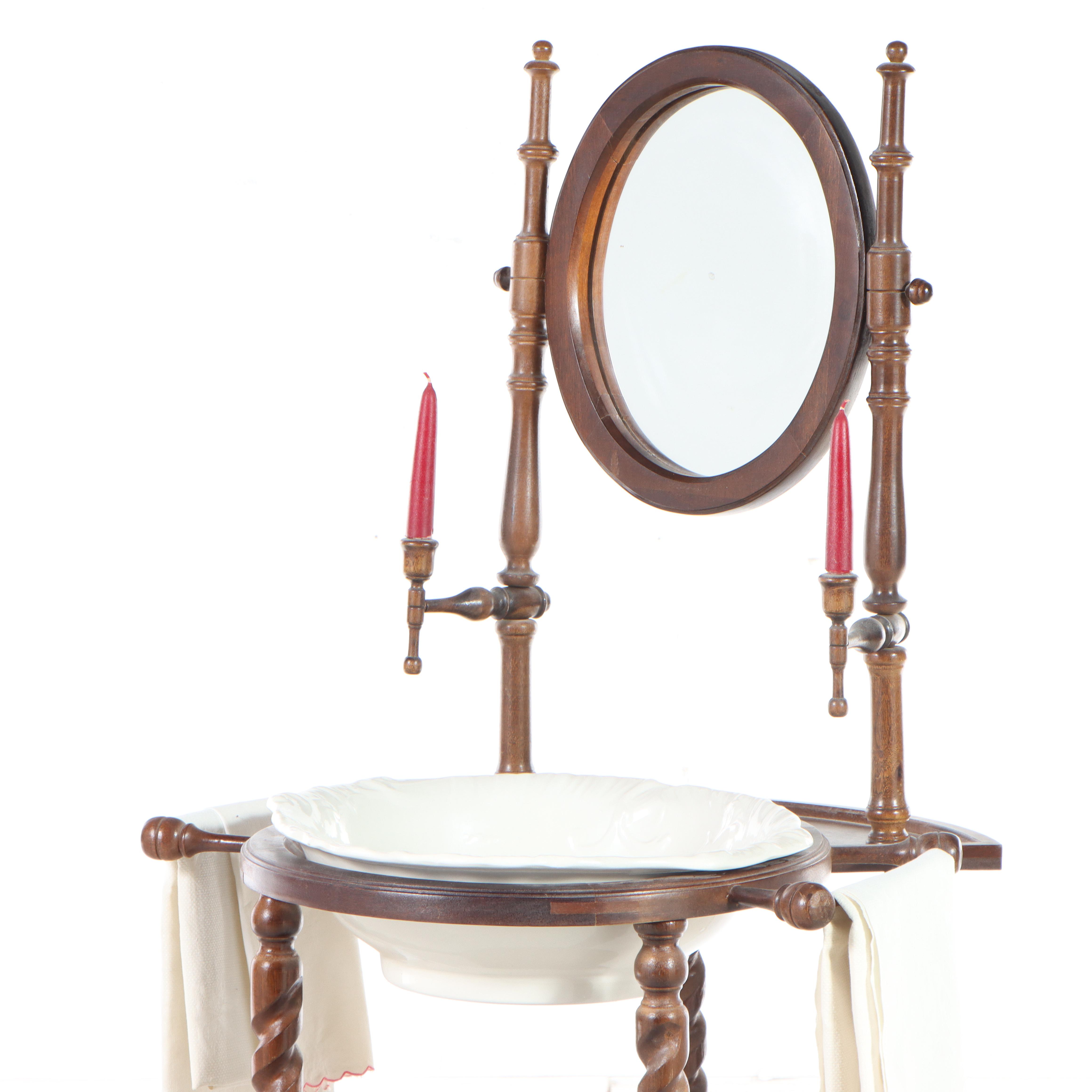 Victorian Style Mirror-Back Washstand with Bowl and Towels