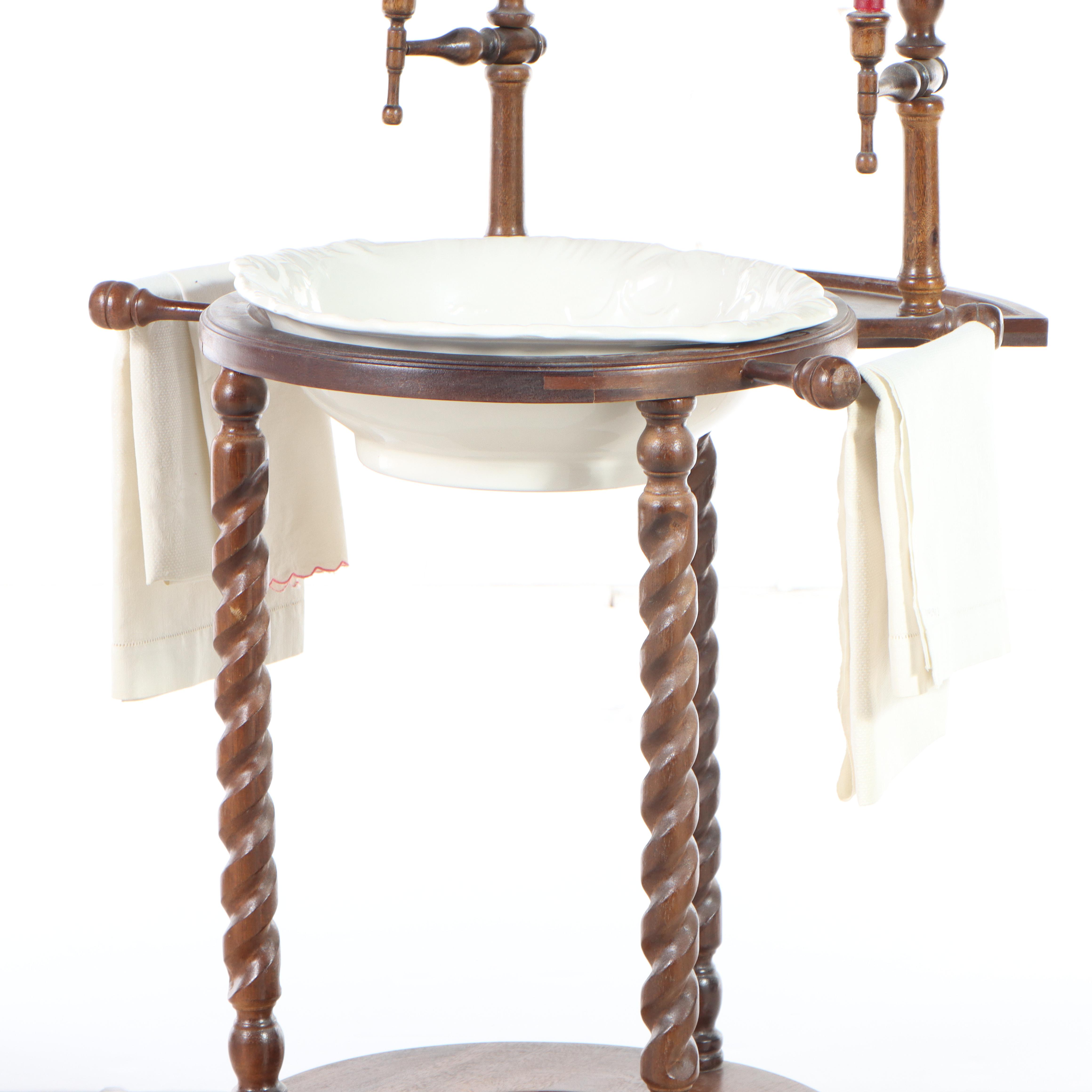 Victorian Style Mirror-Back Washstand with Bowl and Towels