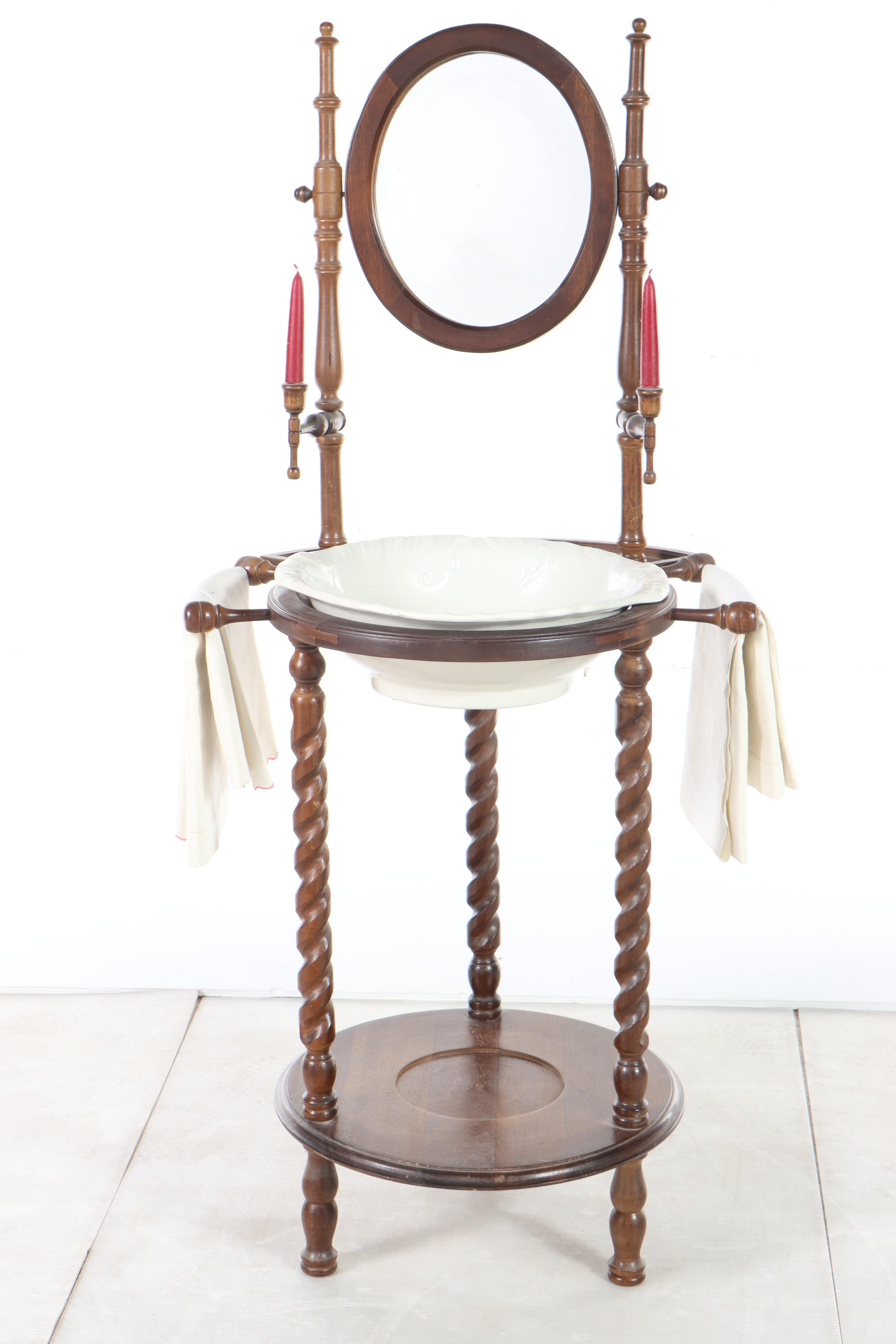 Victorian Style Mirror-Back Washstand with Bowl and Towels