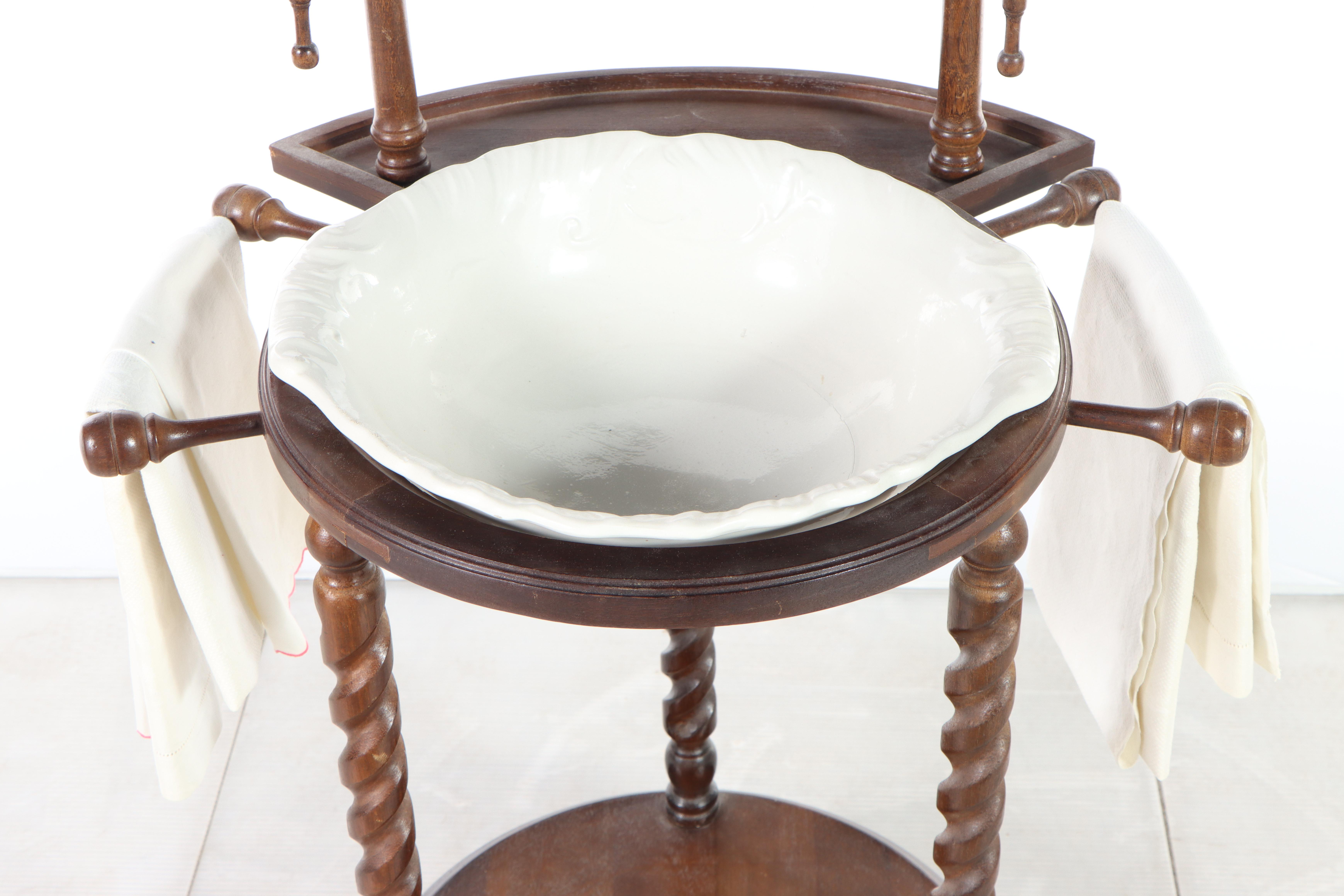 Victorian Style Mirror-Back Washstand with Bowl and Towels