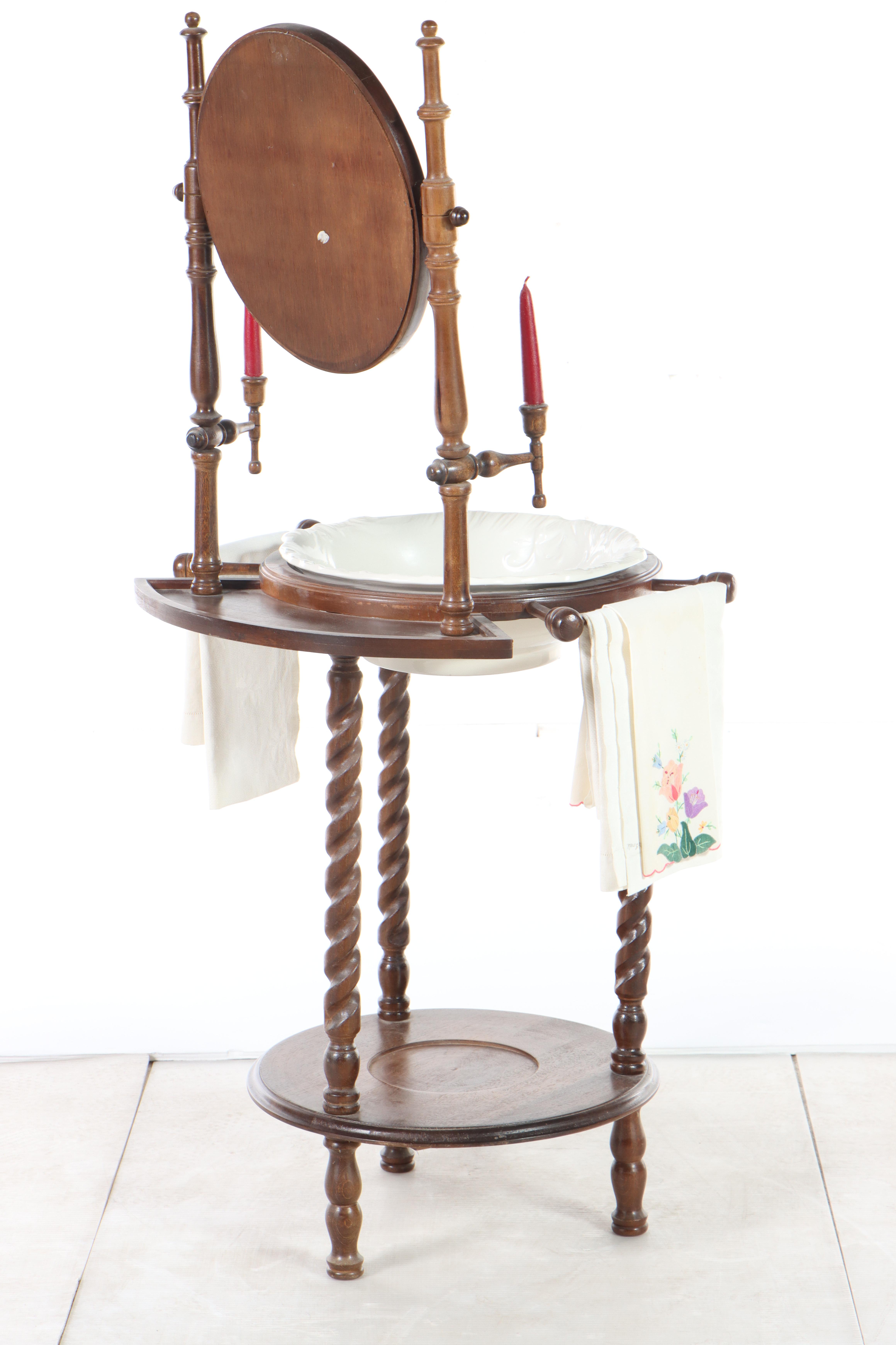 Victorian Style Mirror-Back Washstand with Bowl and Towels