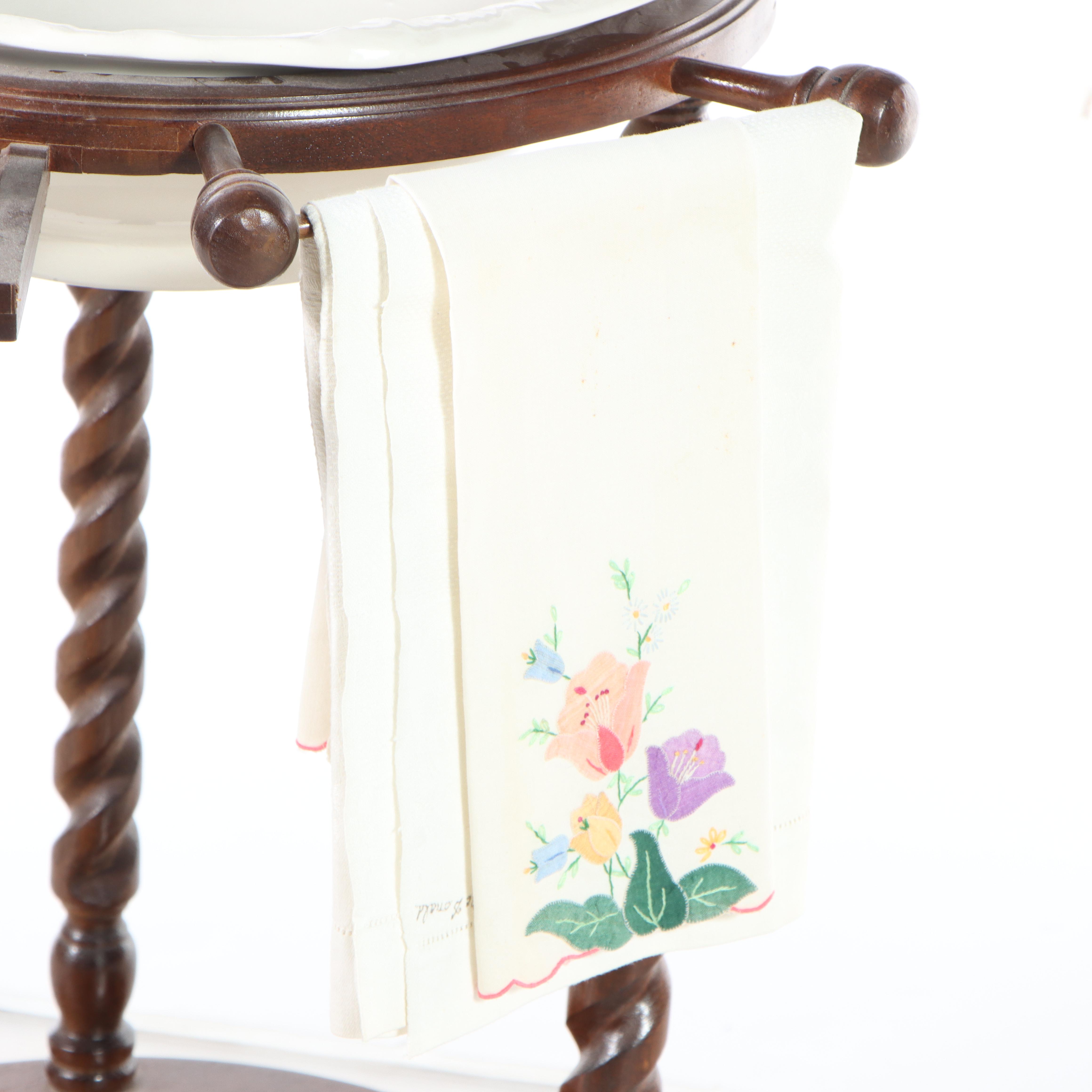 Victorian Style Mirror-Back Washstand with Bowl and Towels