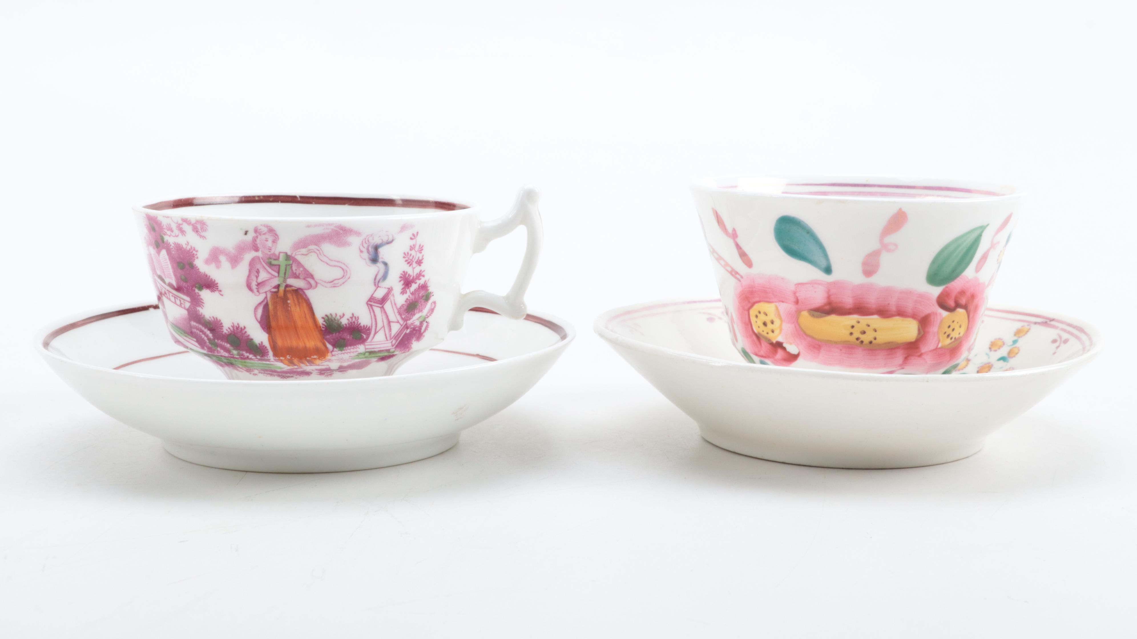 English Pearlware Tea Bowls and Cups with Other European Hand-Painted Teacups