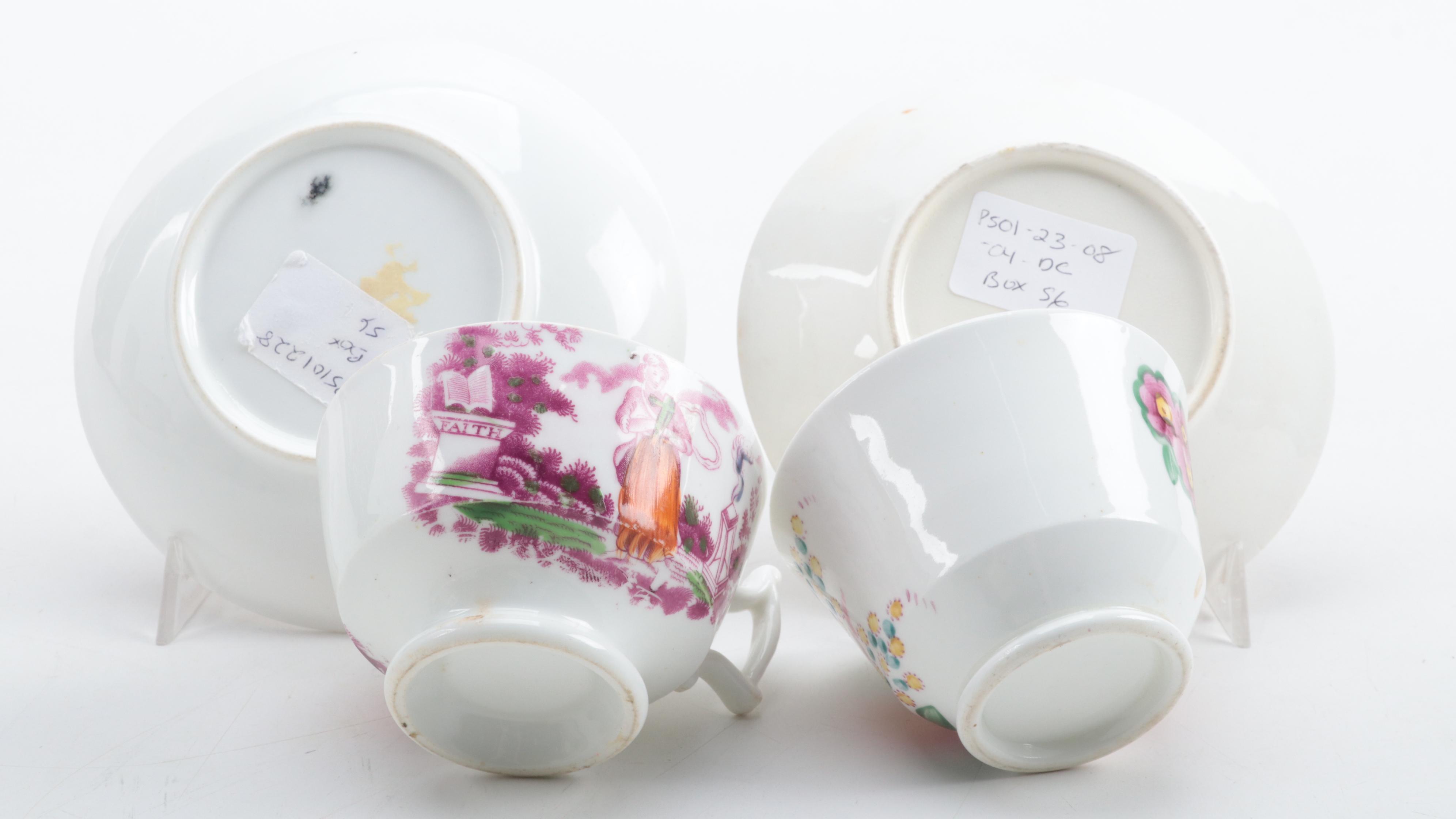 English Pearlware Tea Bowls and Cups with Other European Hand-Painted Teacups