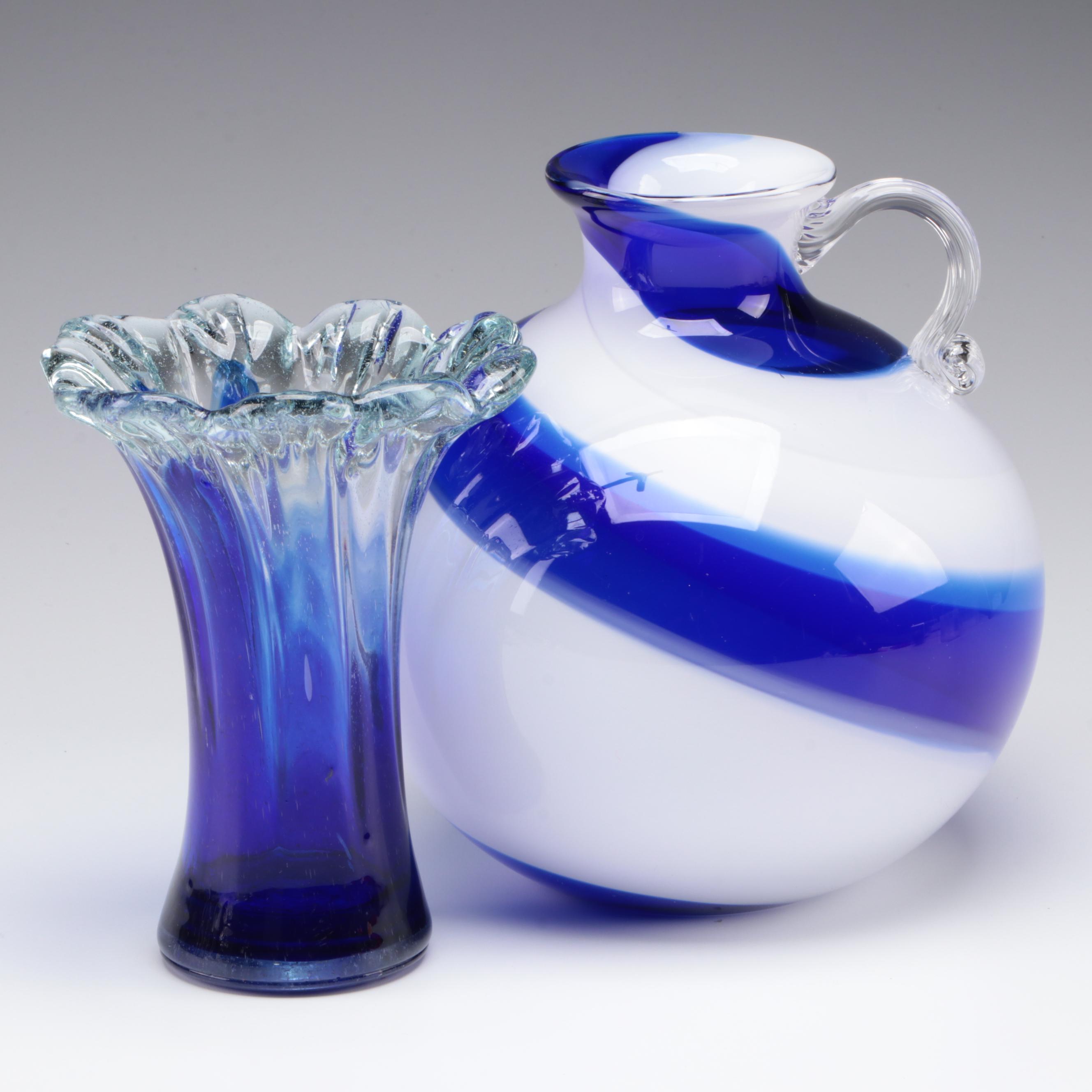 Handmade Cobalt Art Glass Vase and Pitcher