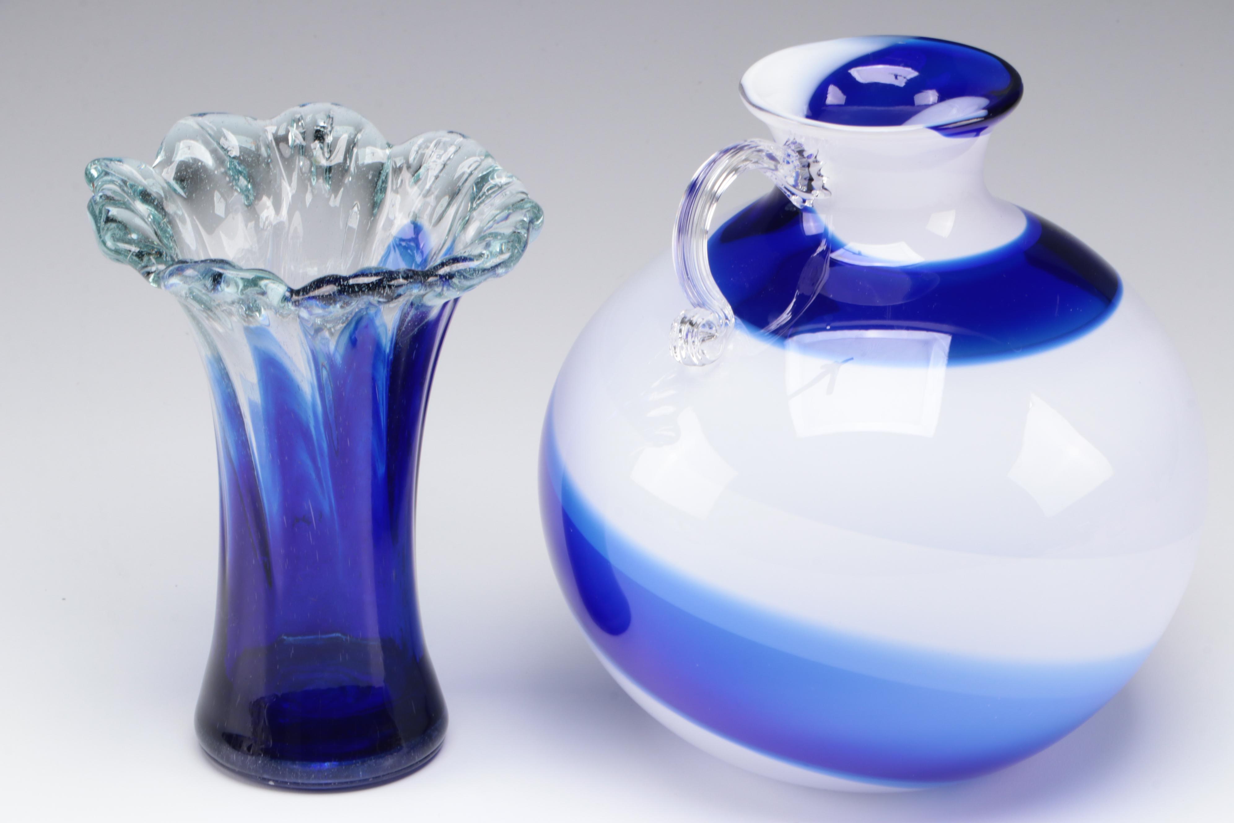 Handmade Cobalt Art Glass Vase and Pitcher