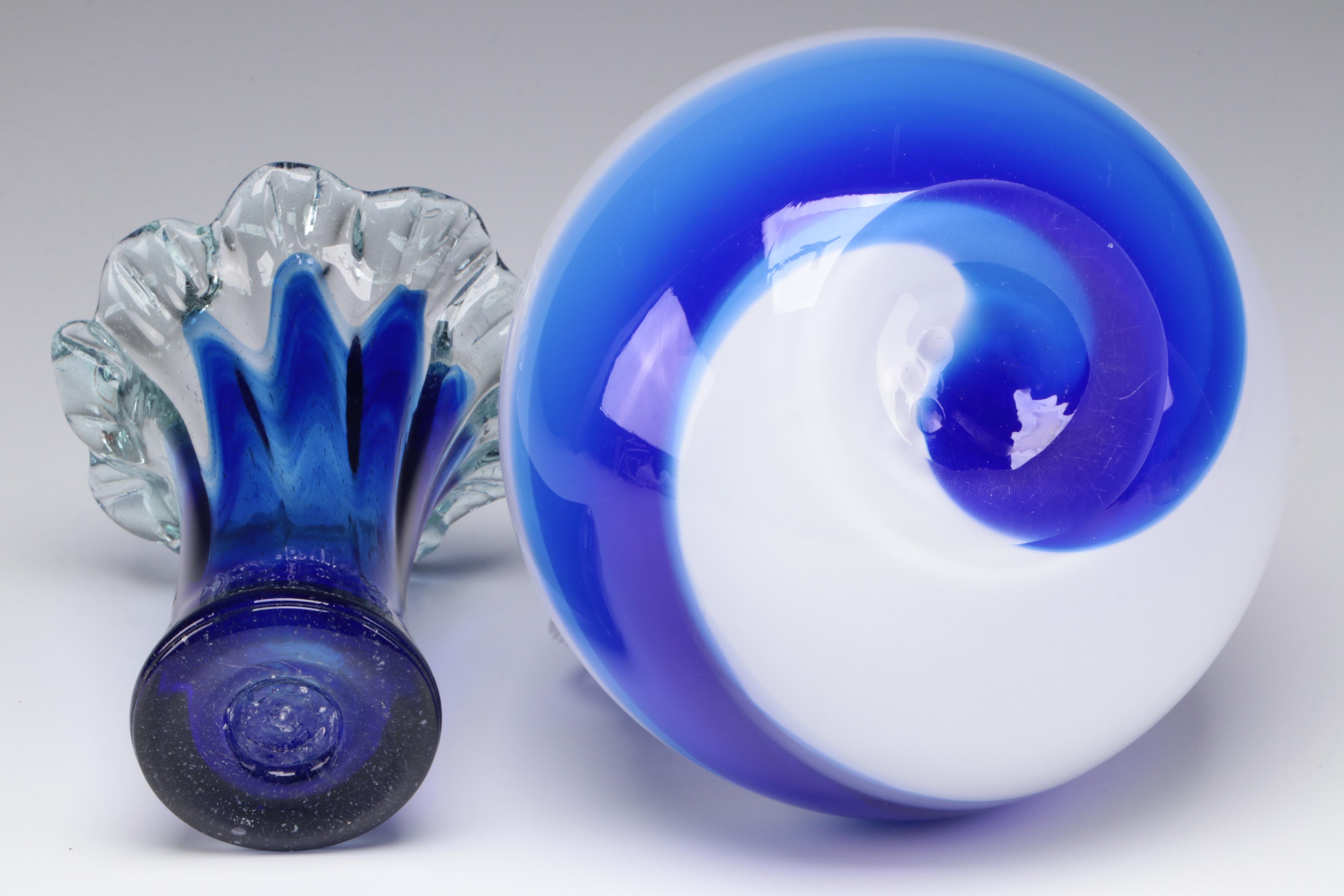 Handmade Cobalt Art Glass Vase and Pitcher