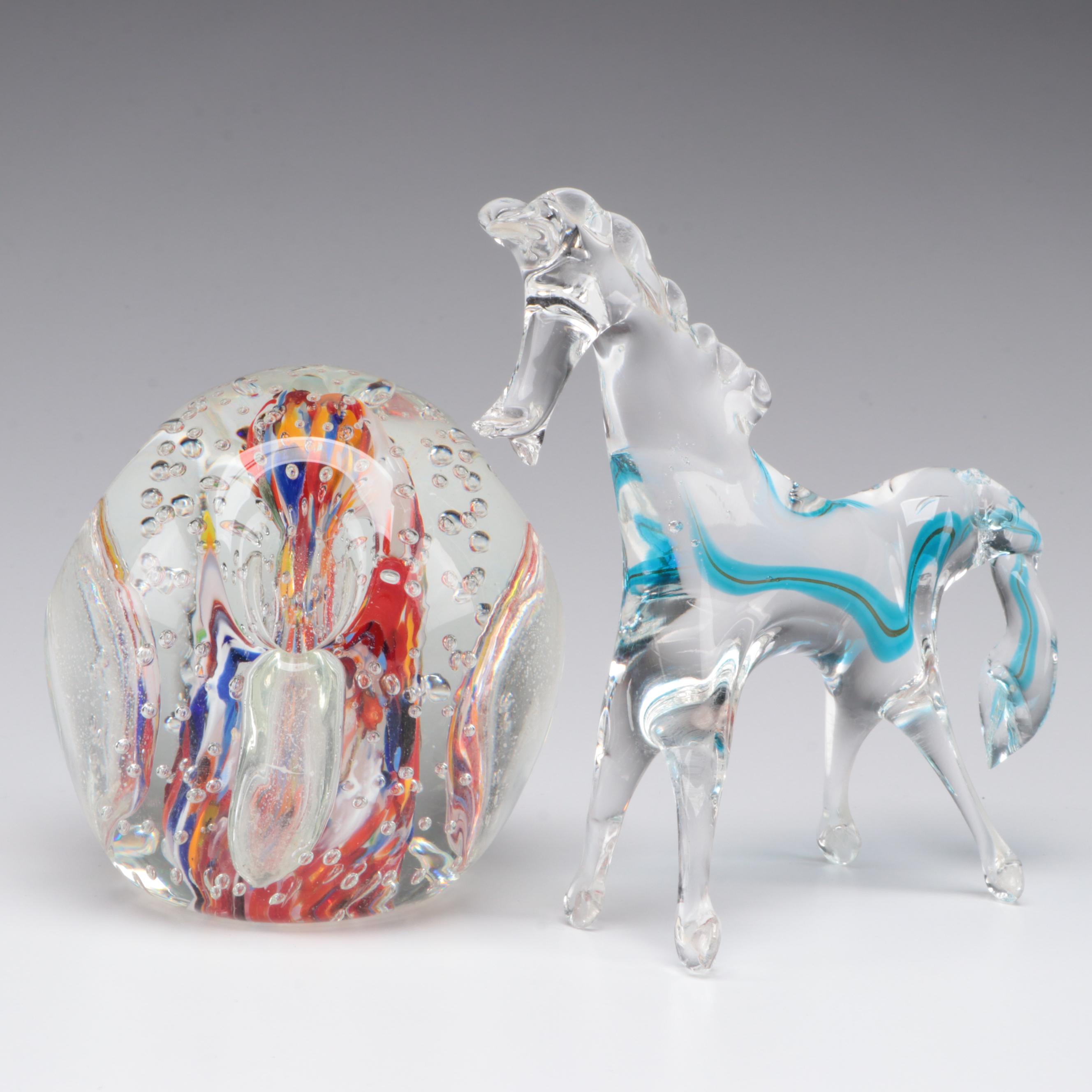 Suspended Bubble Glass Paperweight and Art Glass Horse Figurine