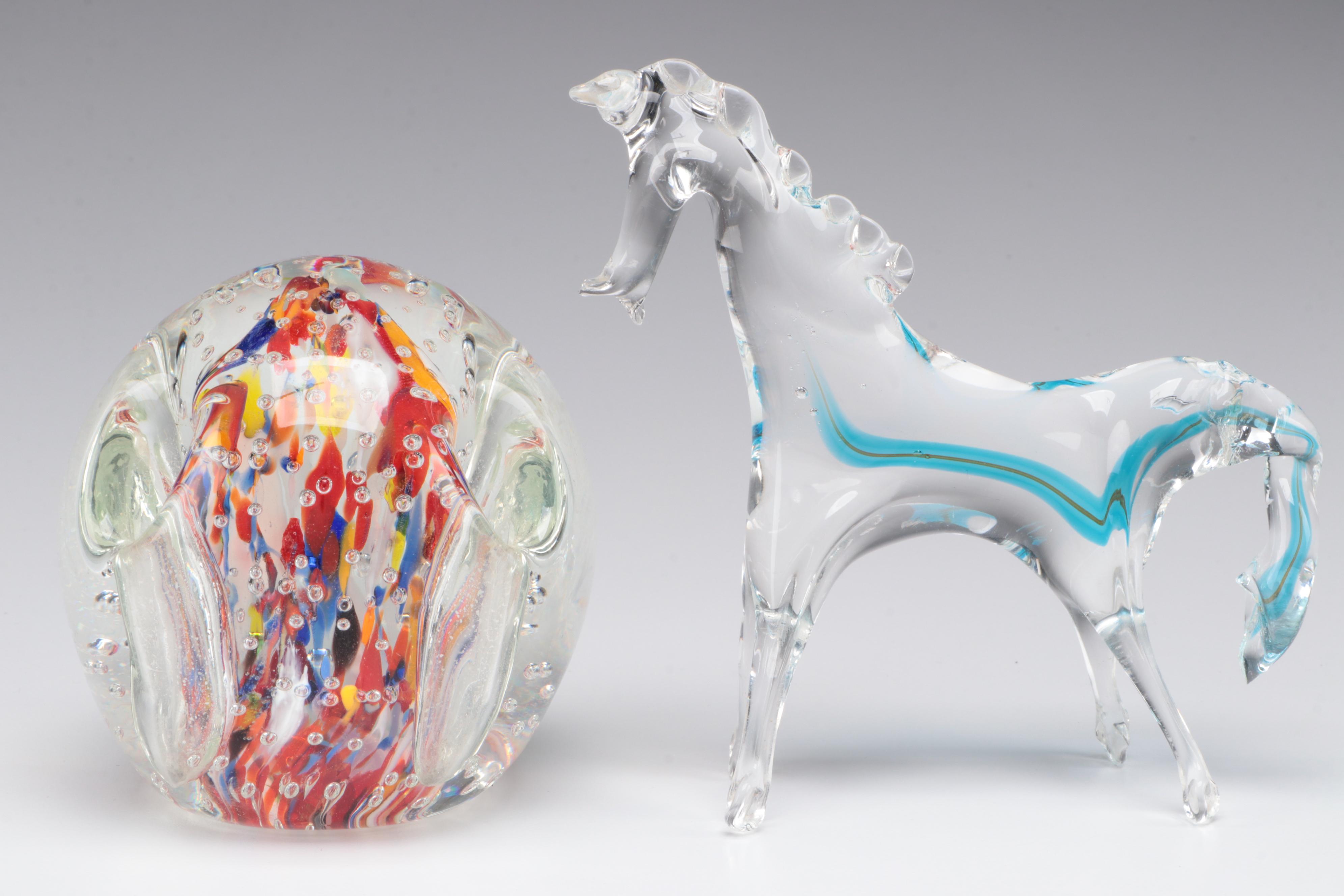 Suspended Bubble Glass Paperweight and Art Glass Horse Figurine